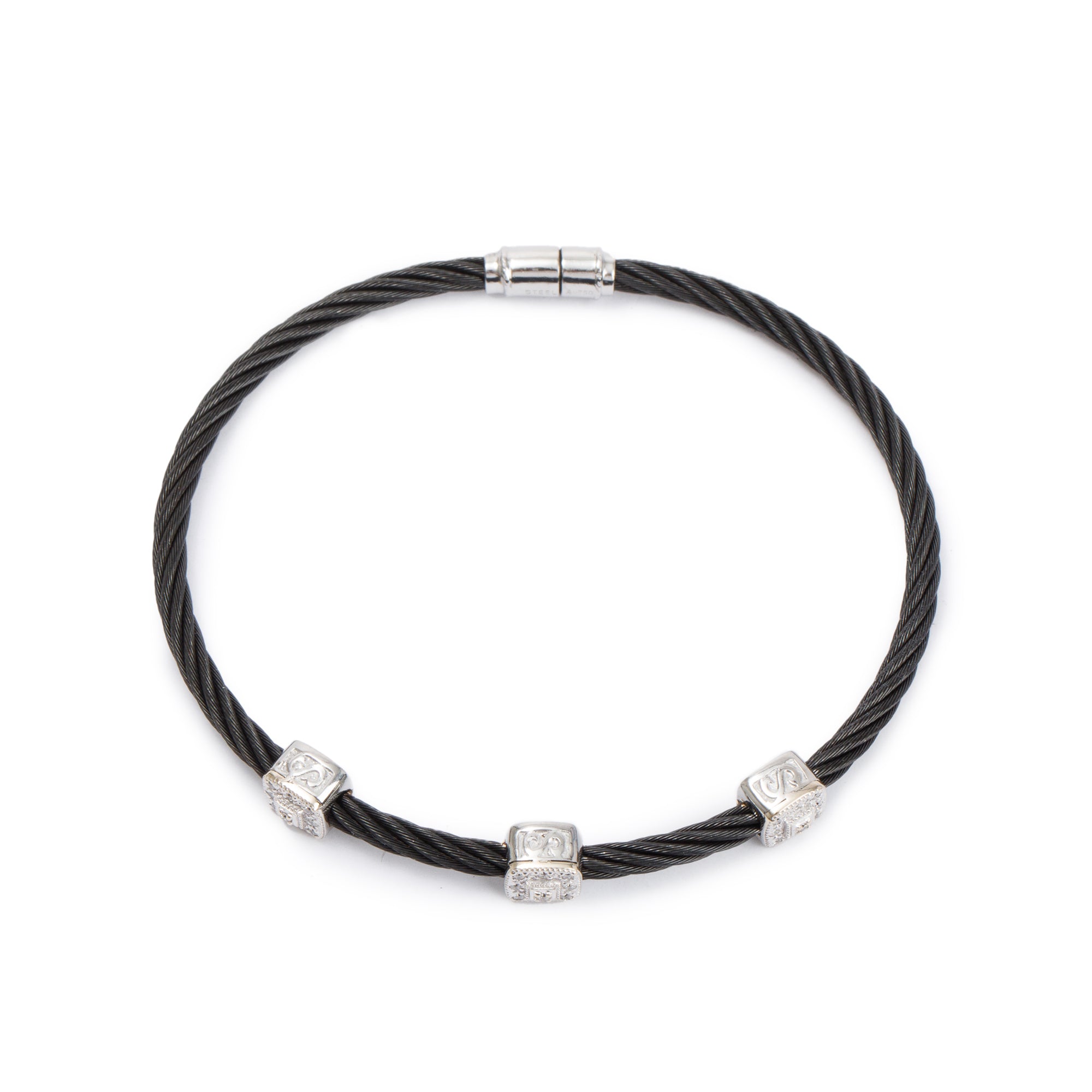 Charriol 18k White Gold & PVD Stainless Steel Diamond Celtic Noir Three Square Station Bracelet