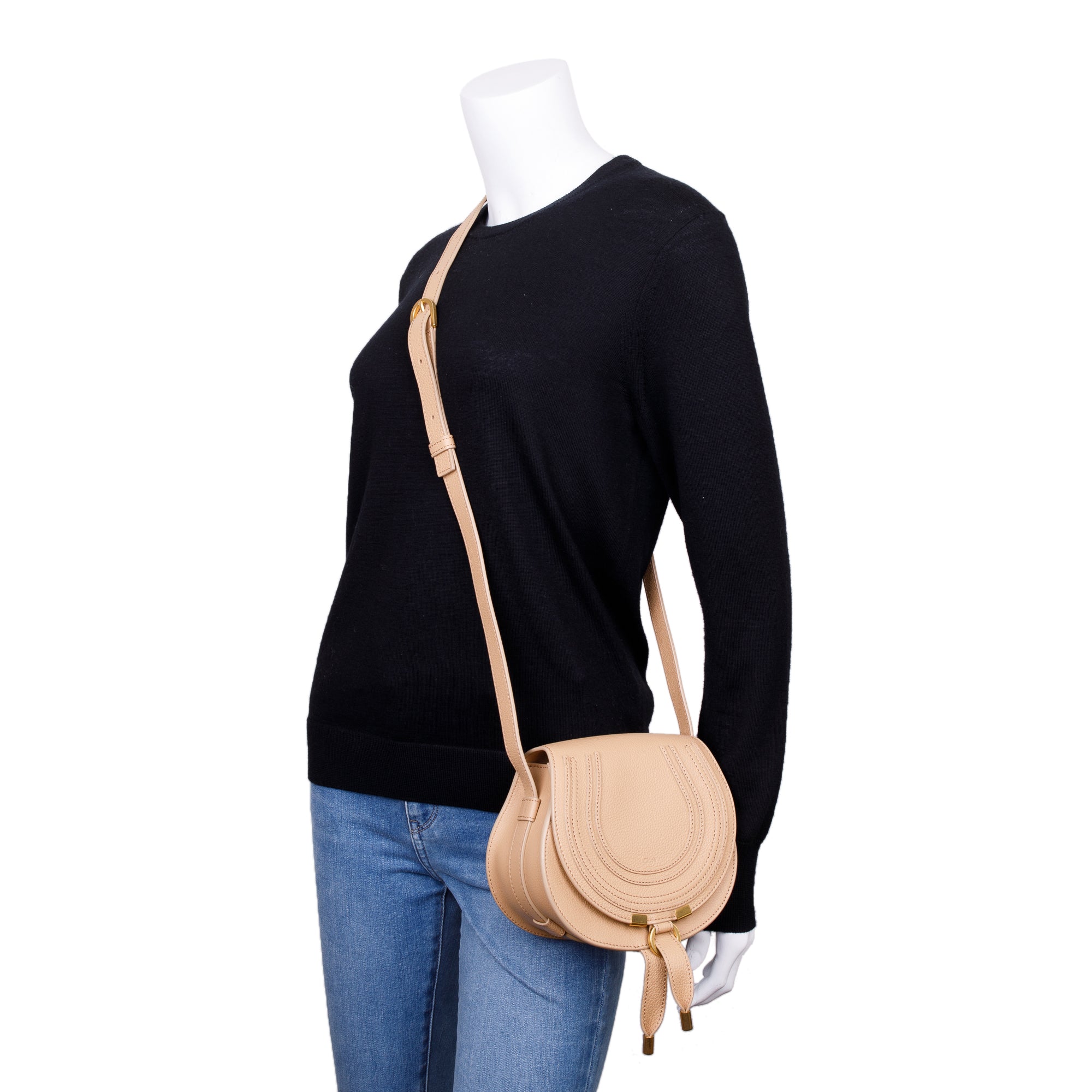 Chloe Beige Calfskin Leather Small Marcie Crossbody Bag