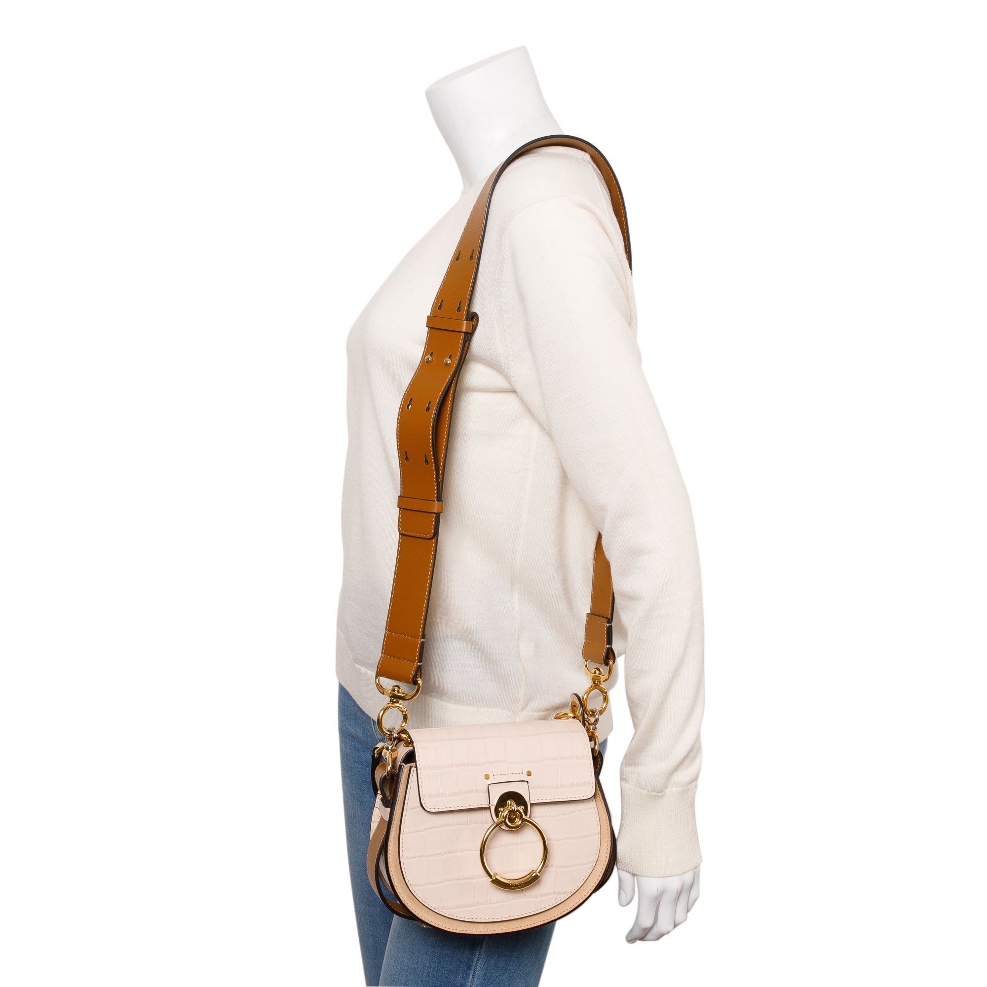 Chloe Beige Croc Embossed Calfskin Leather Tess Bag w/ Strap