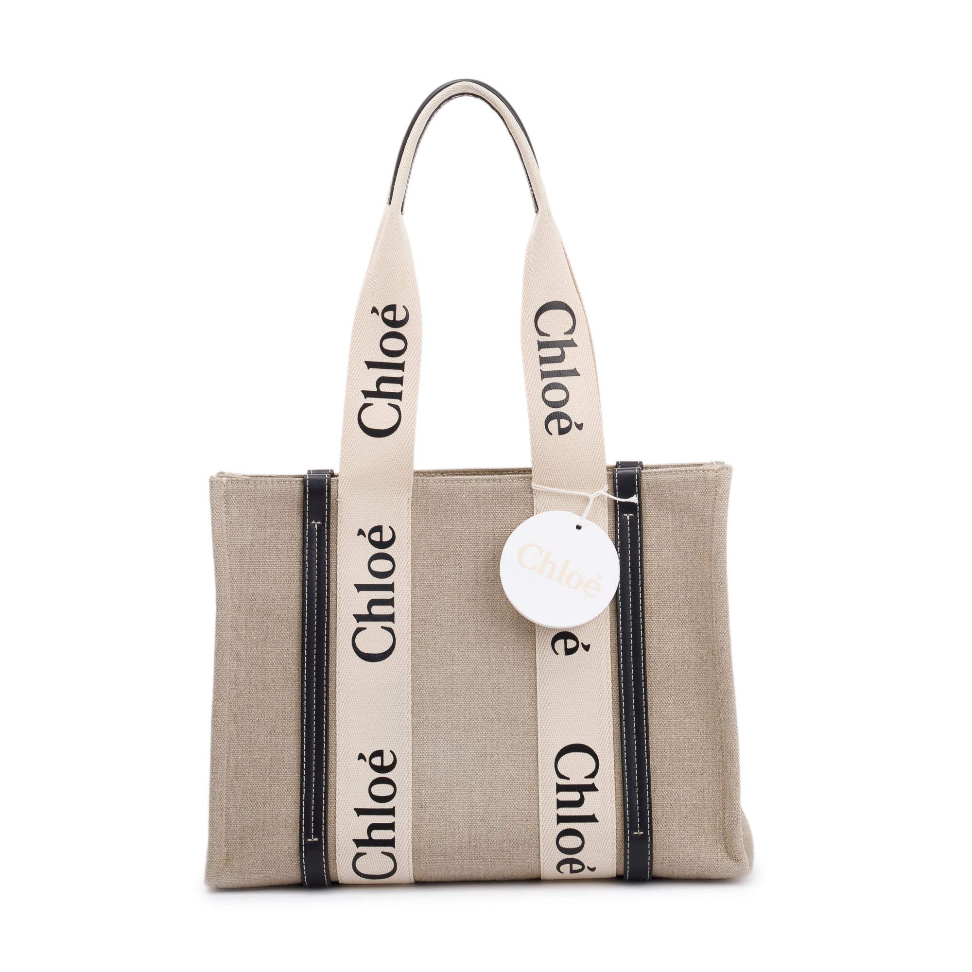 Chloe Beige/Blue Cotton Calfskin Canvas Medium Woody Shopping Tote