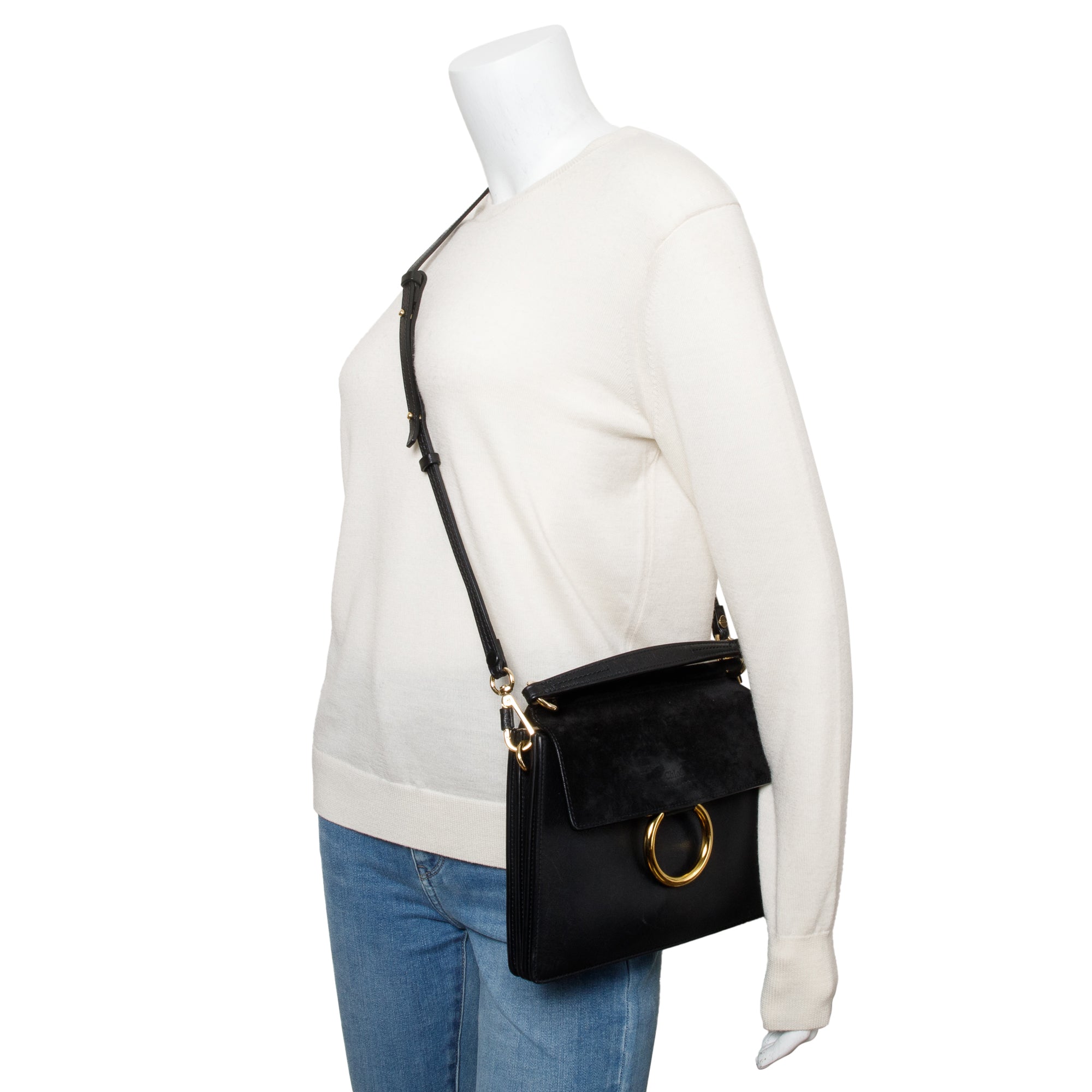 Chloe Black Suede & Calfskin Leather Small Faye Top Handle Bag w/ Strap