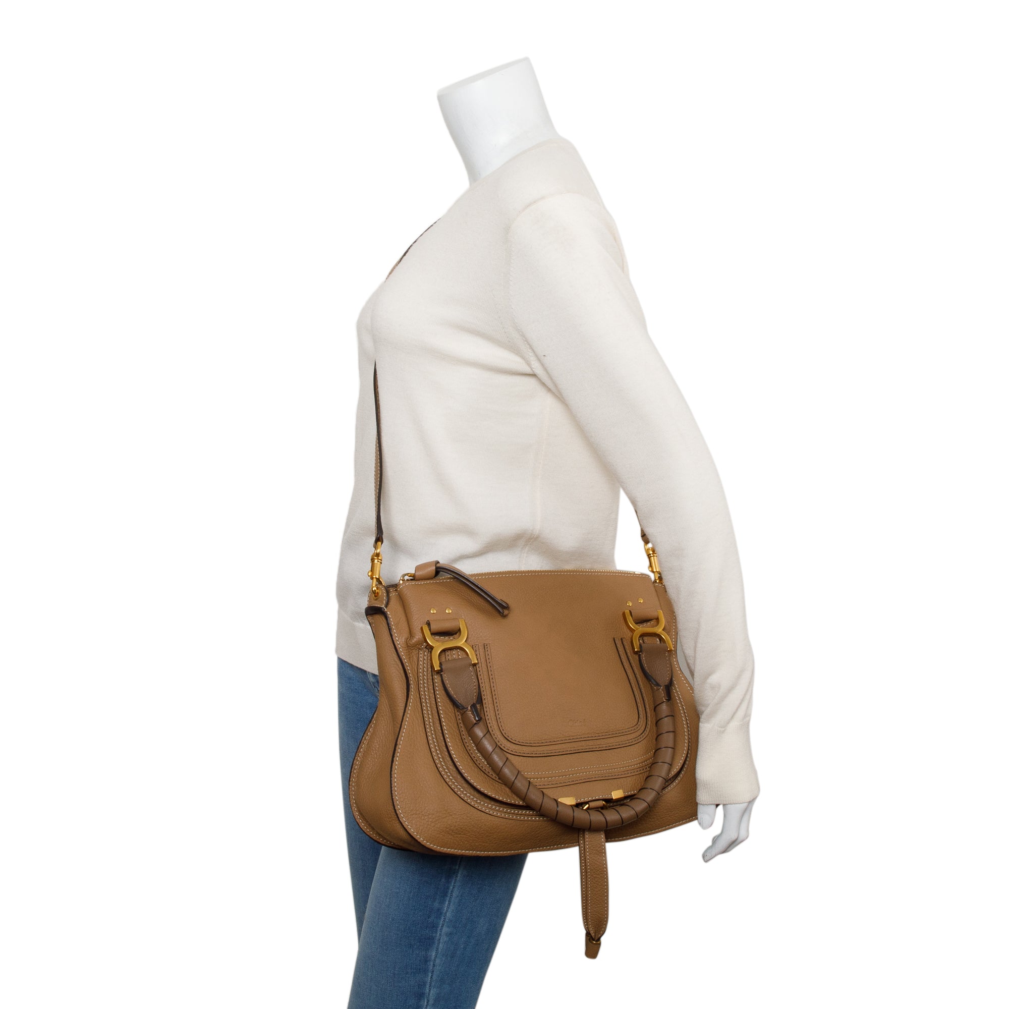 Chloe Brown Calfskin Leather Medium Marcie Shoulder Bag w/ Strap & Authenticity Card