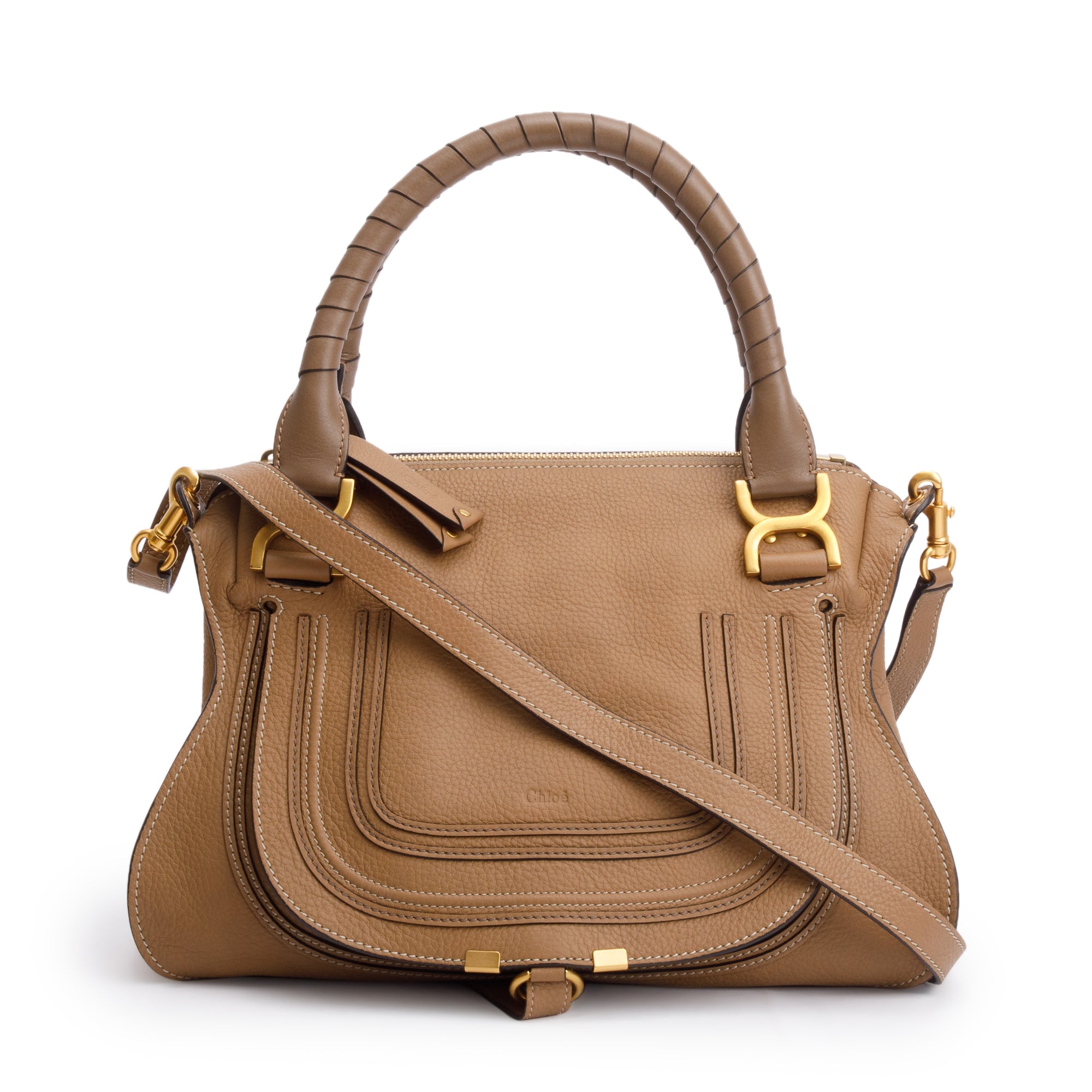 Chloe Brown Calfskin Leather Medium Marcie Shoulder Bag w/ Strap & Authenticity Card