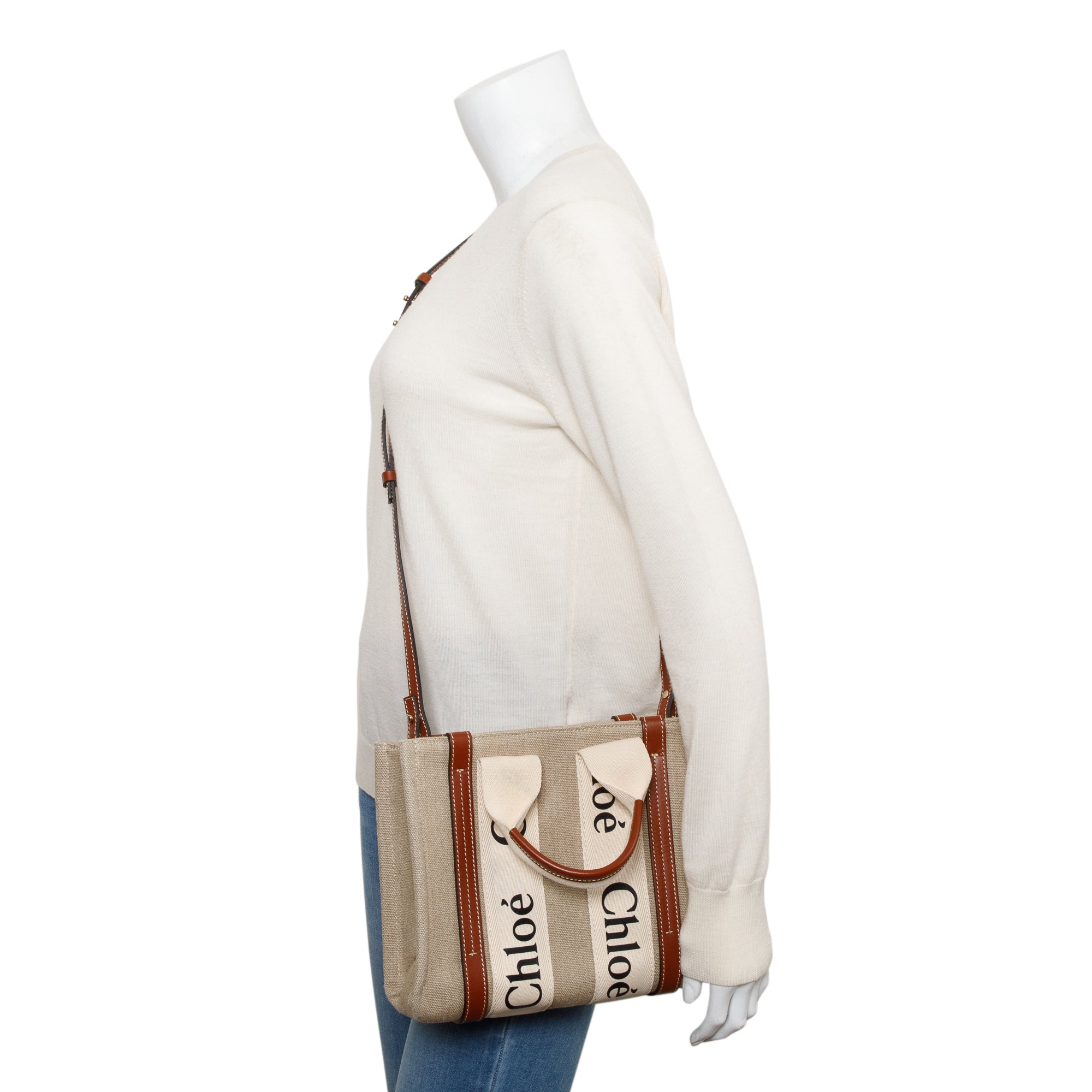 Chloe Brown/White Linen Calfskin Small Woody Ribbon Tote w/ Strap