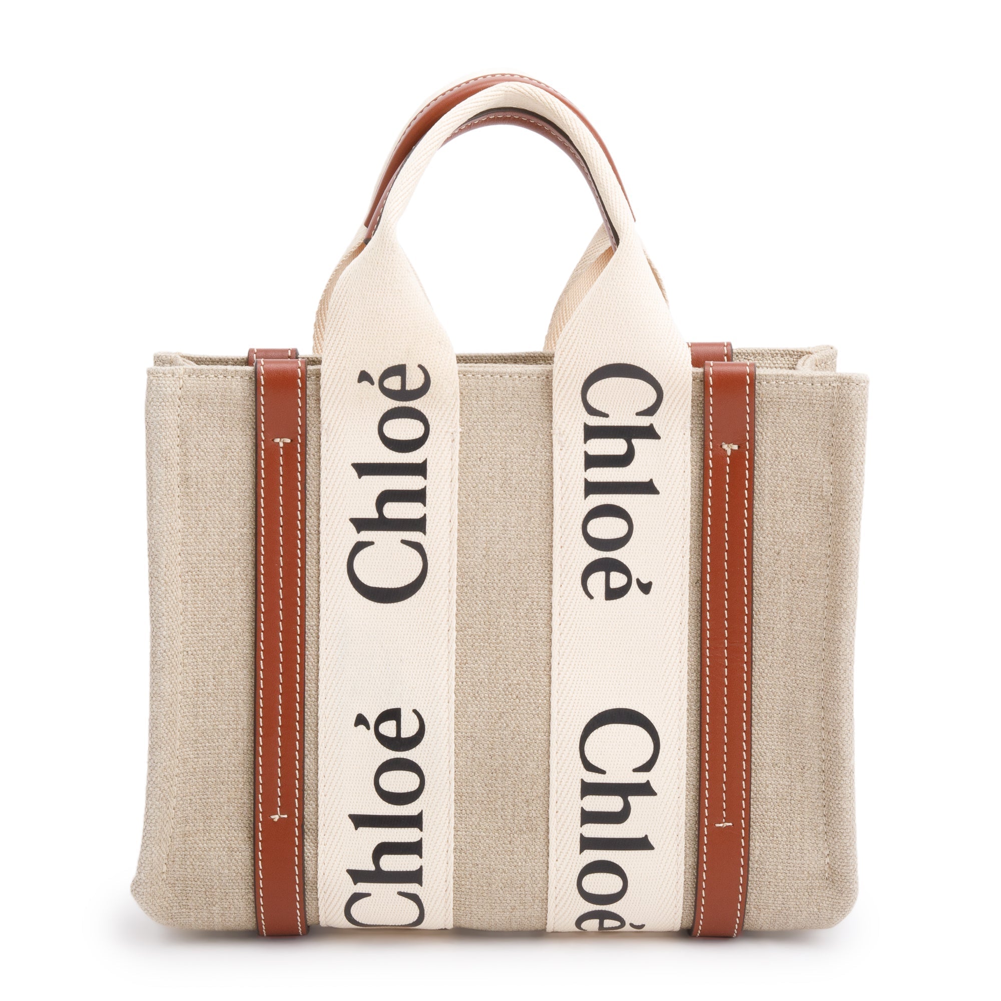 Chloe Brown/White Linen Calfskin Small Woody Ribbon Tote w/ Strap