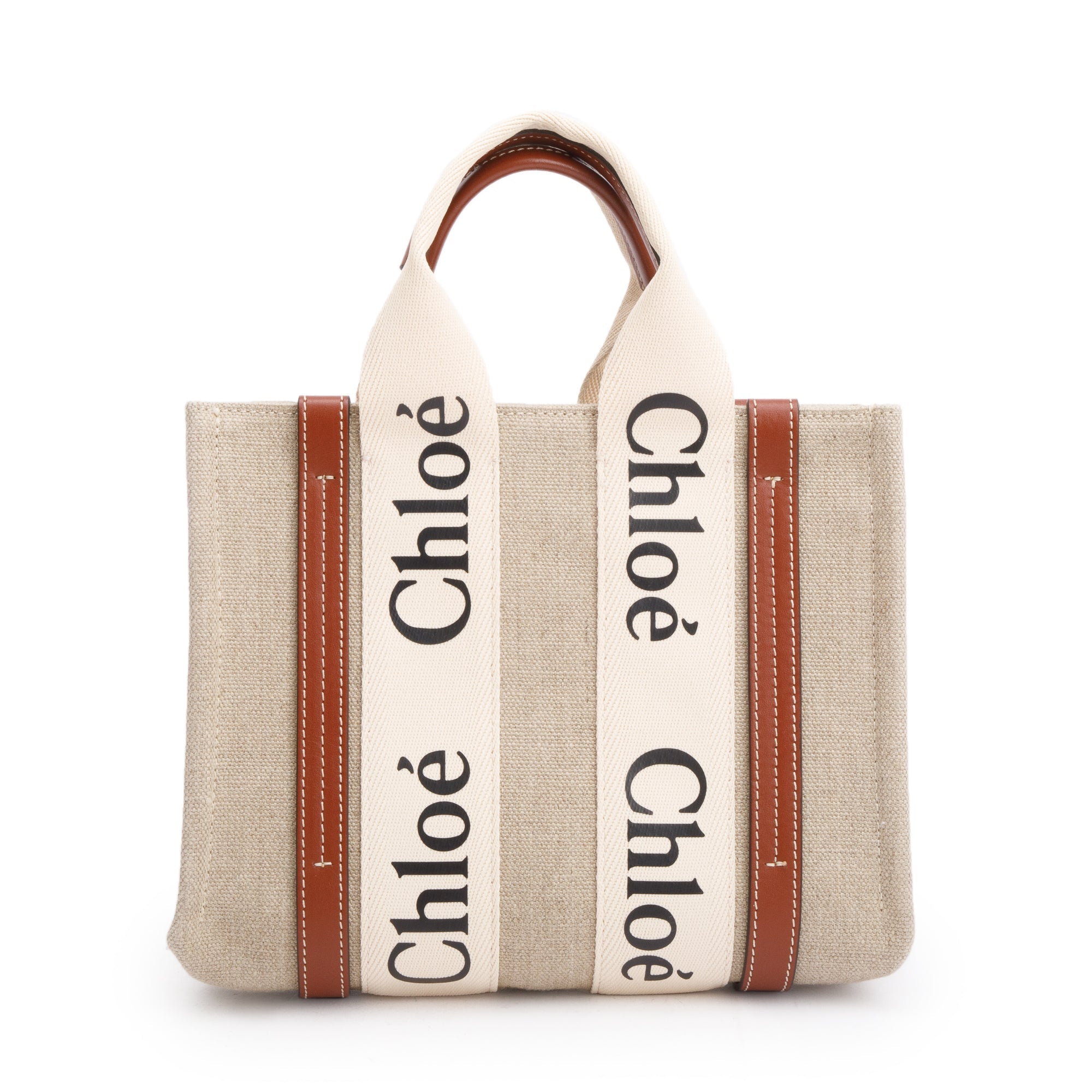 Chloe Brown/White Linen Calfskin Small Woody Ribbon Tote w/ Strap