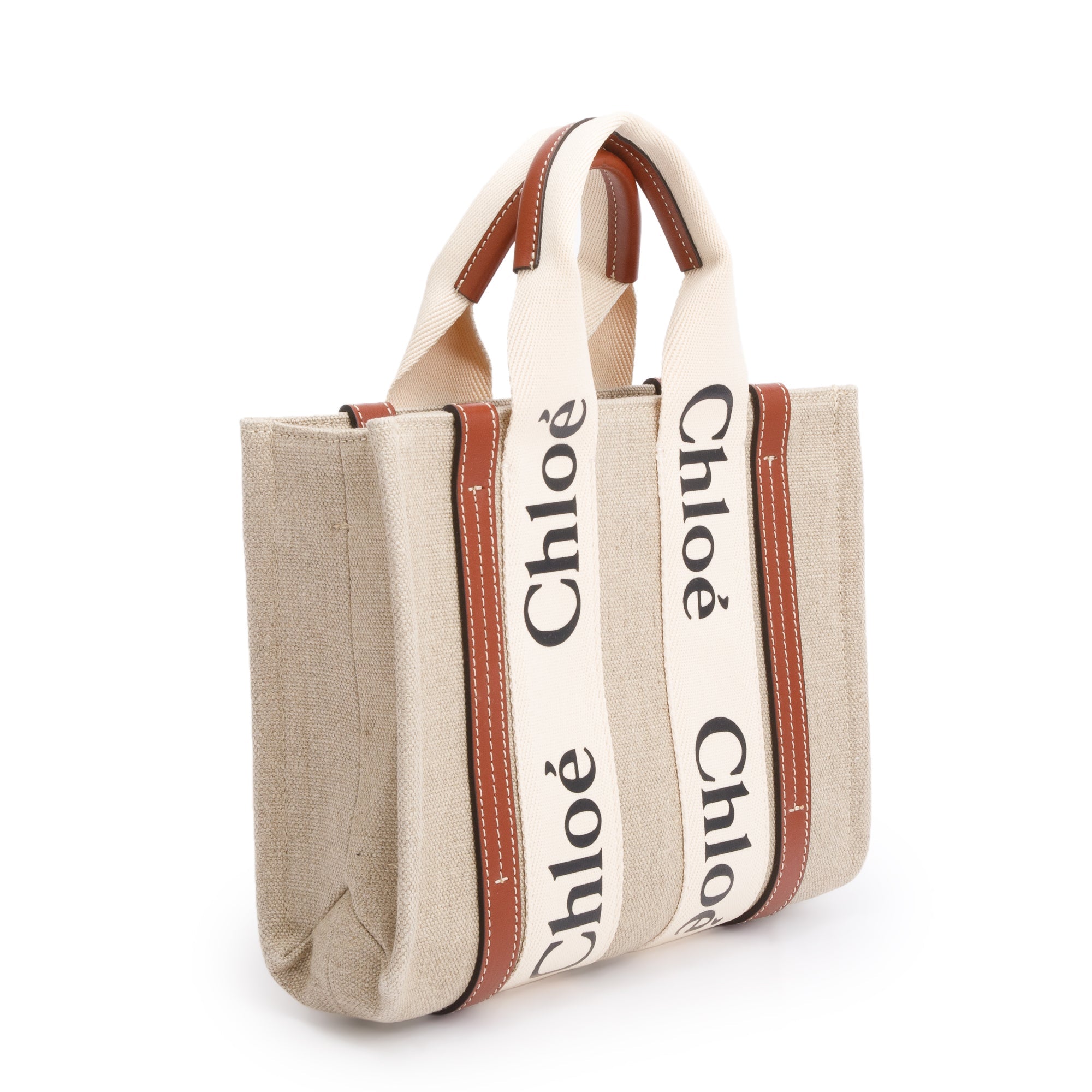 Chloe Brown/White Linen Calfskin Small Woody Ribbon Tote w/ Strap