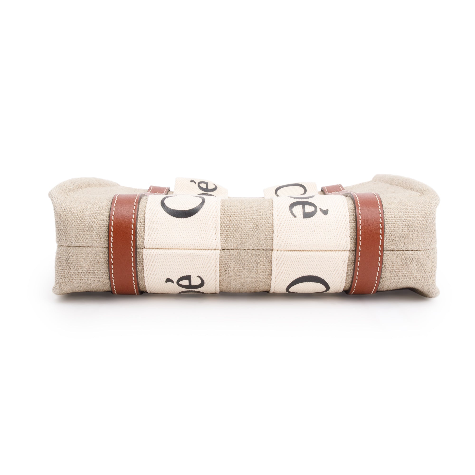 Chloe Brown/White Linen Calfskin Small Woody Ribbon Tote w/ Strap