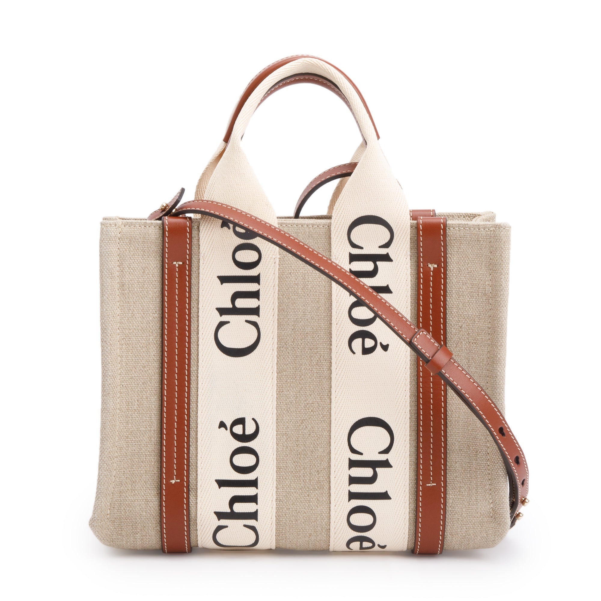 Chloe Brown/White Linen Calfskin Small Woody Ribbon Tote w/ Strap