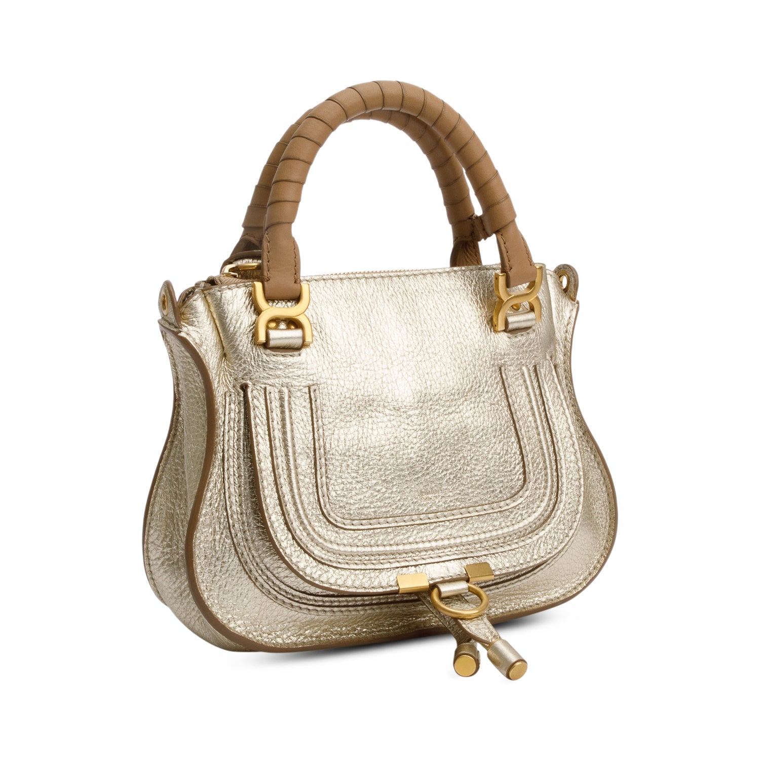 Chloe Metallic Gold Calfskin Leather Mini Marcie Shoulder Bag w/ Strap