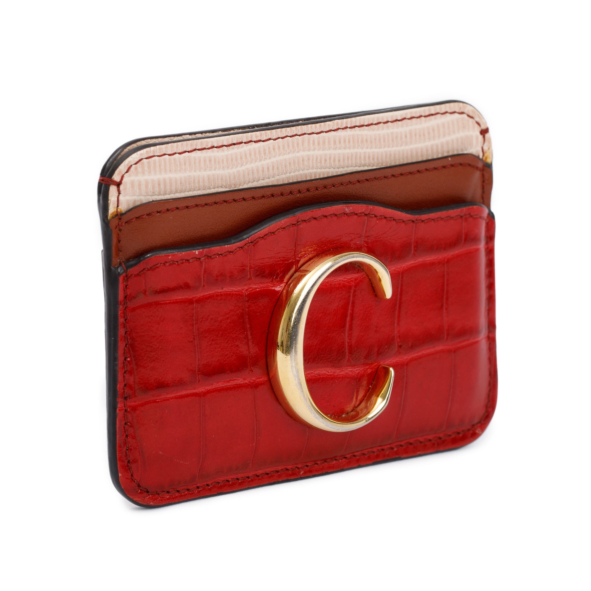 Chloe Red Crocodile Embossed Calfskin Leather C Card Holder