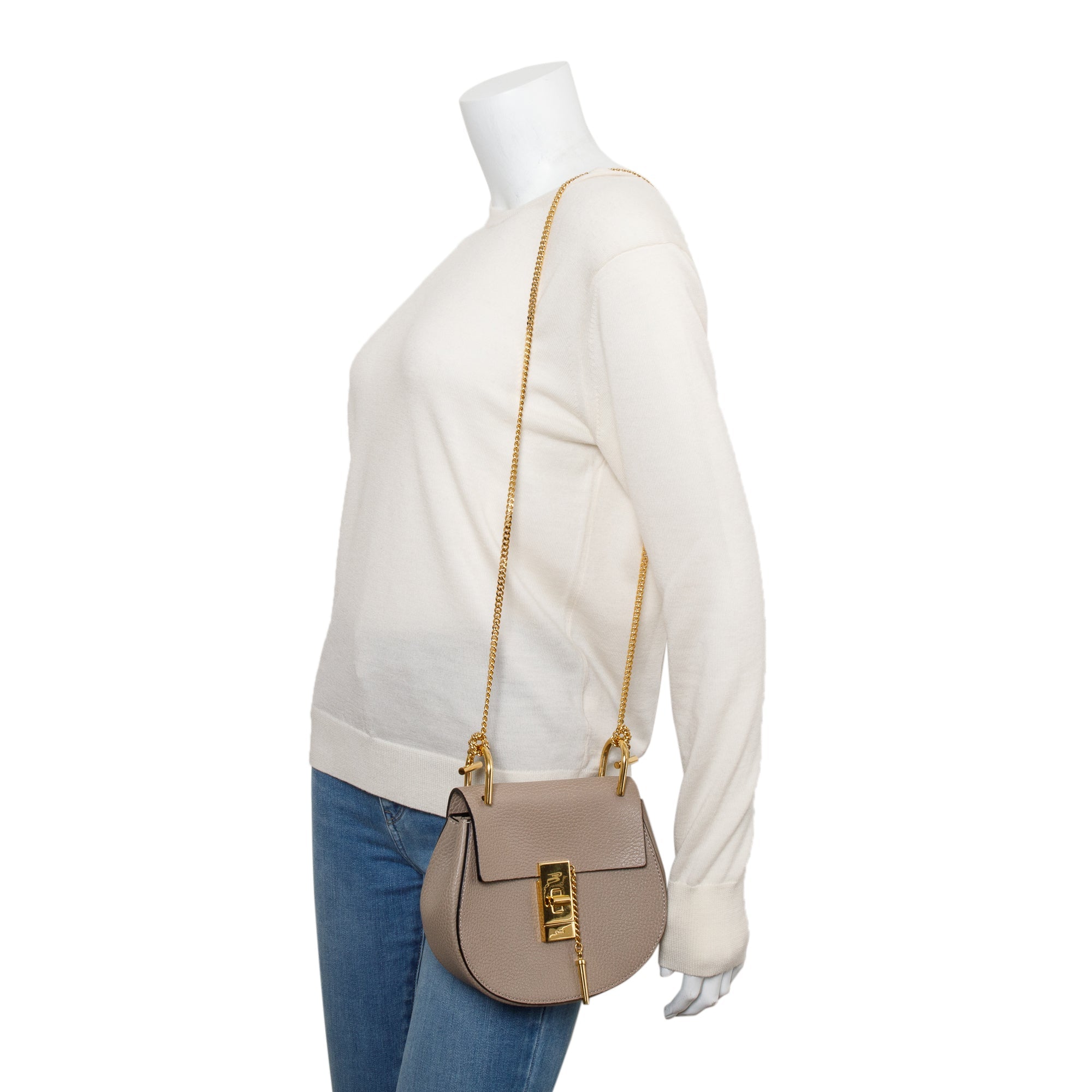 Chloe Taupe Grained Calfskin Leather Mini Drew Crossbody Bag