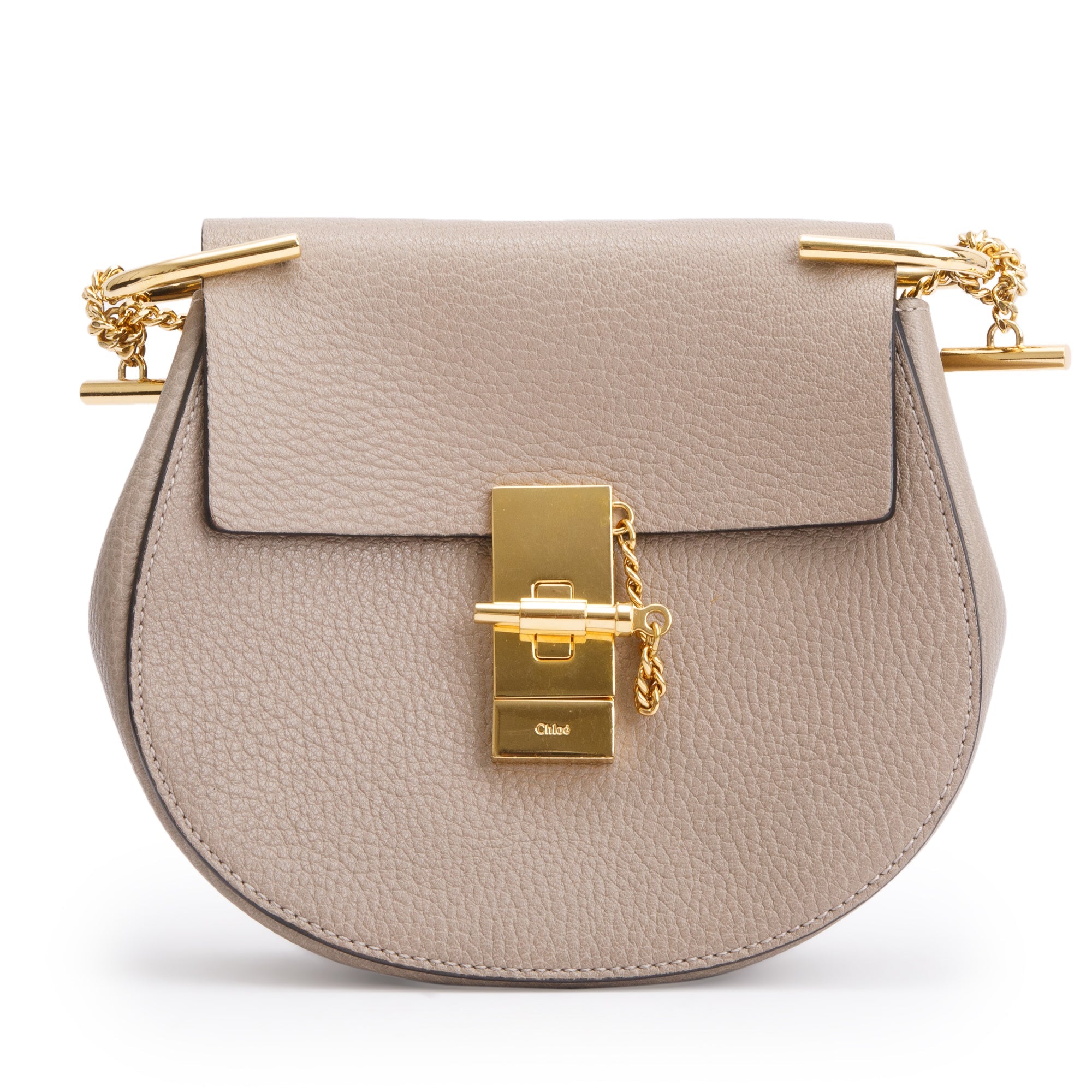 Chloe Taupe Grained Calfskin Leather Mini Drew Crossbody Bag