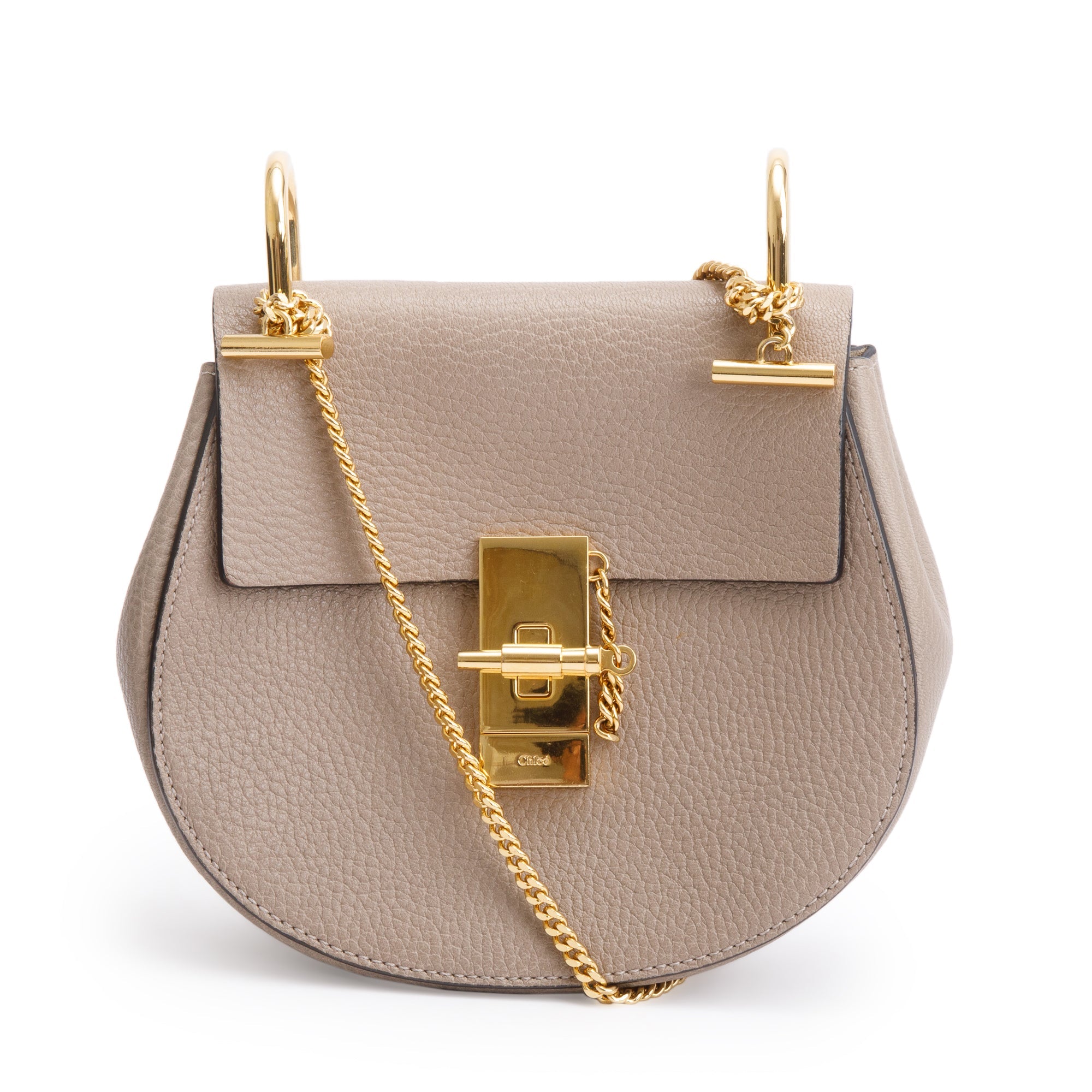 Chloe Taupe Grained Calfskin Leather Mini Drew Crossbody Bag