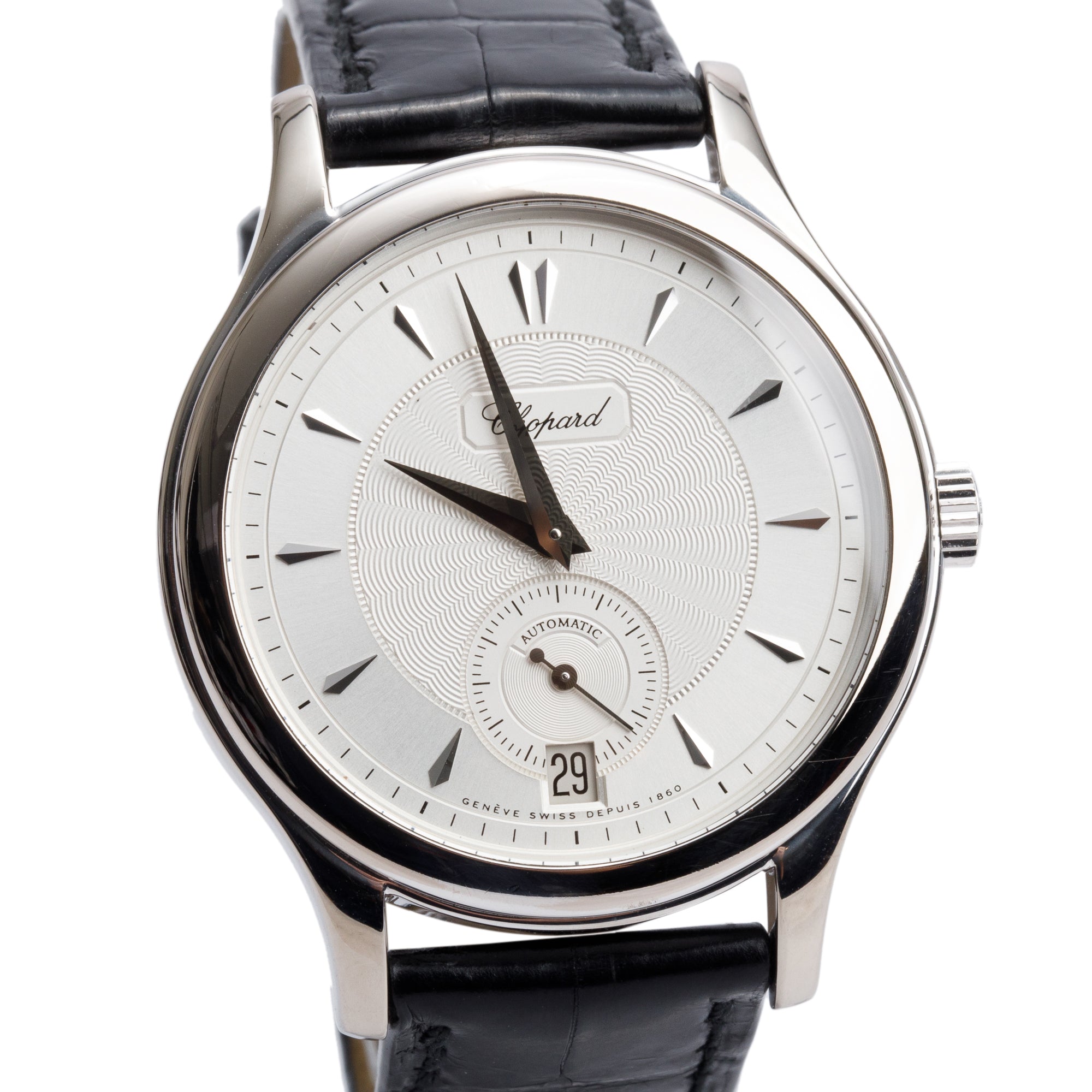Chopard 18k White Gold L.U.C Classic 1860 36.5 MM Automatic Watch Silver Guilloche Dial