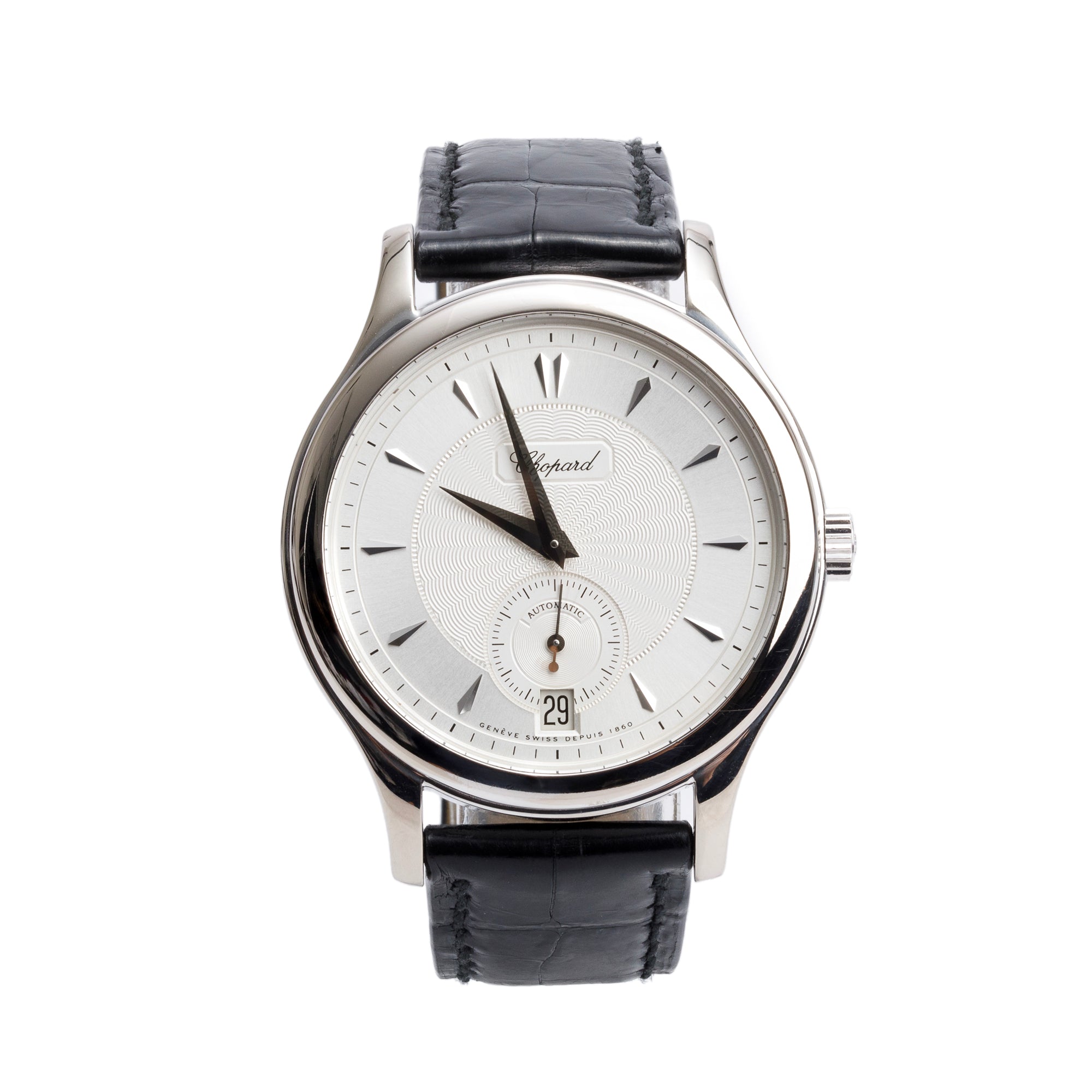 Chopard 18k White Gold L.U.C Classic 1860 36.5 MM Automatic Watch Silver Guilloche Dial