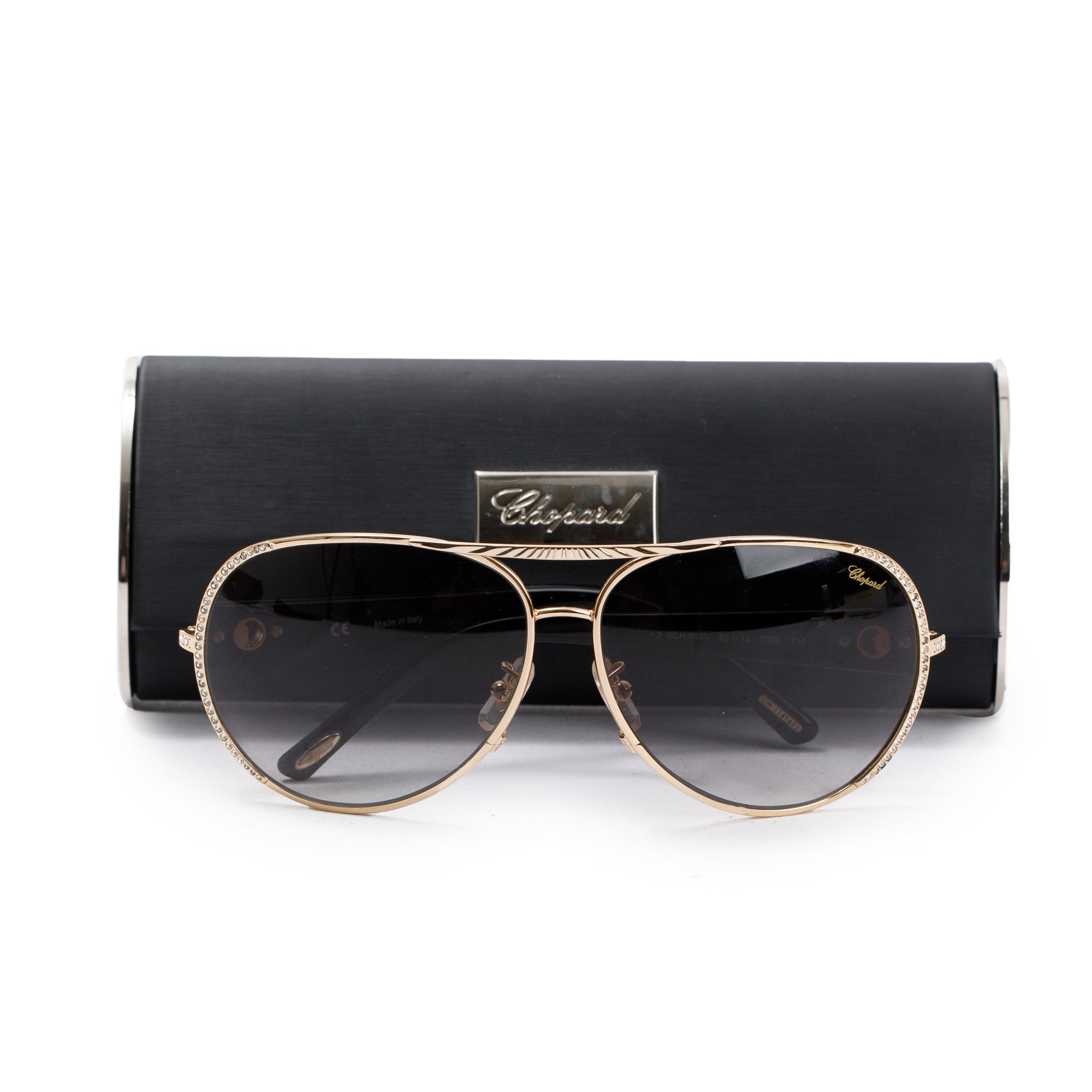 Chopard Gold-Tone Frame Crystal SCH940S Aviator Sunglasses w/ Case