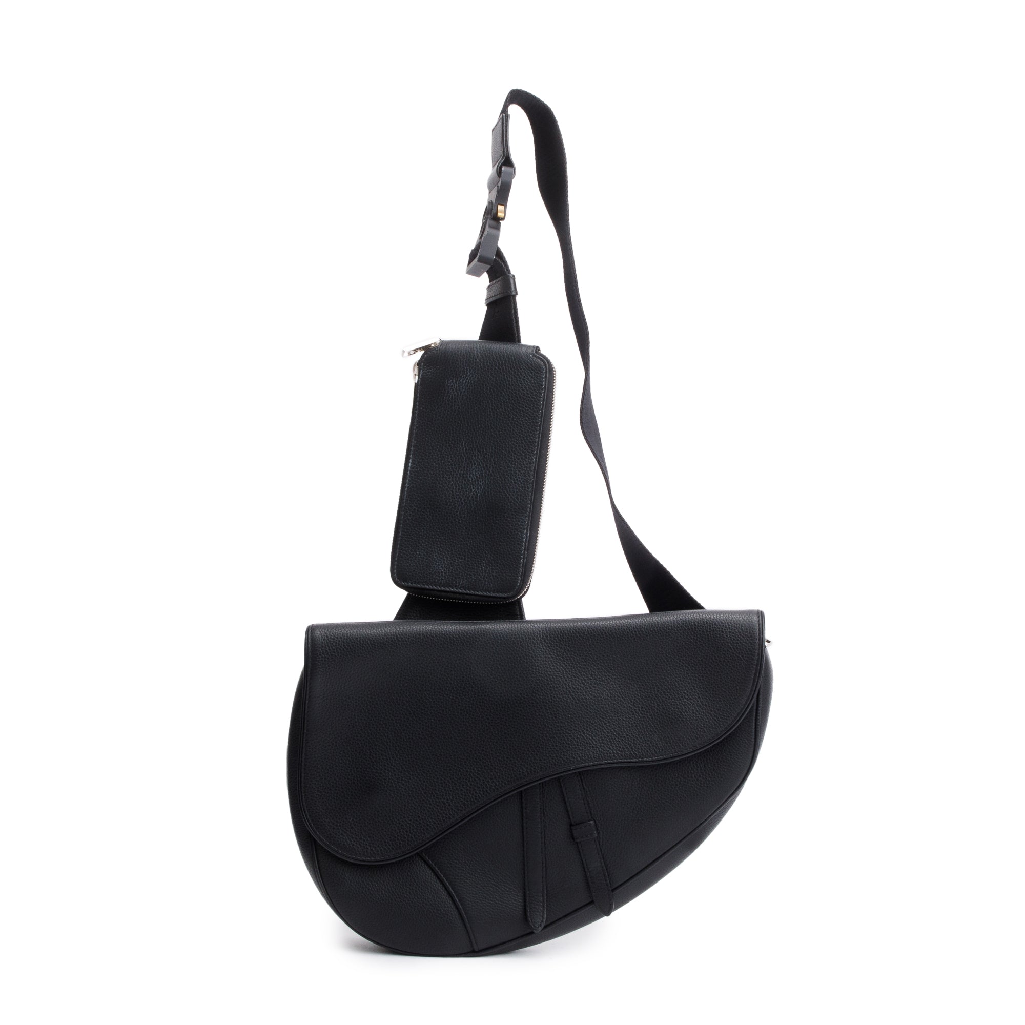 Christian 2020 Dior Black Leather Saddle Bag w/ Zip Pouch