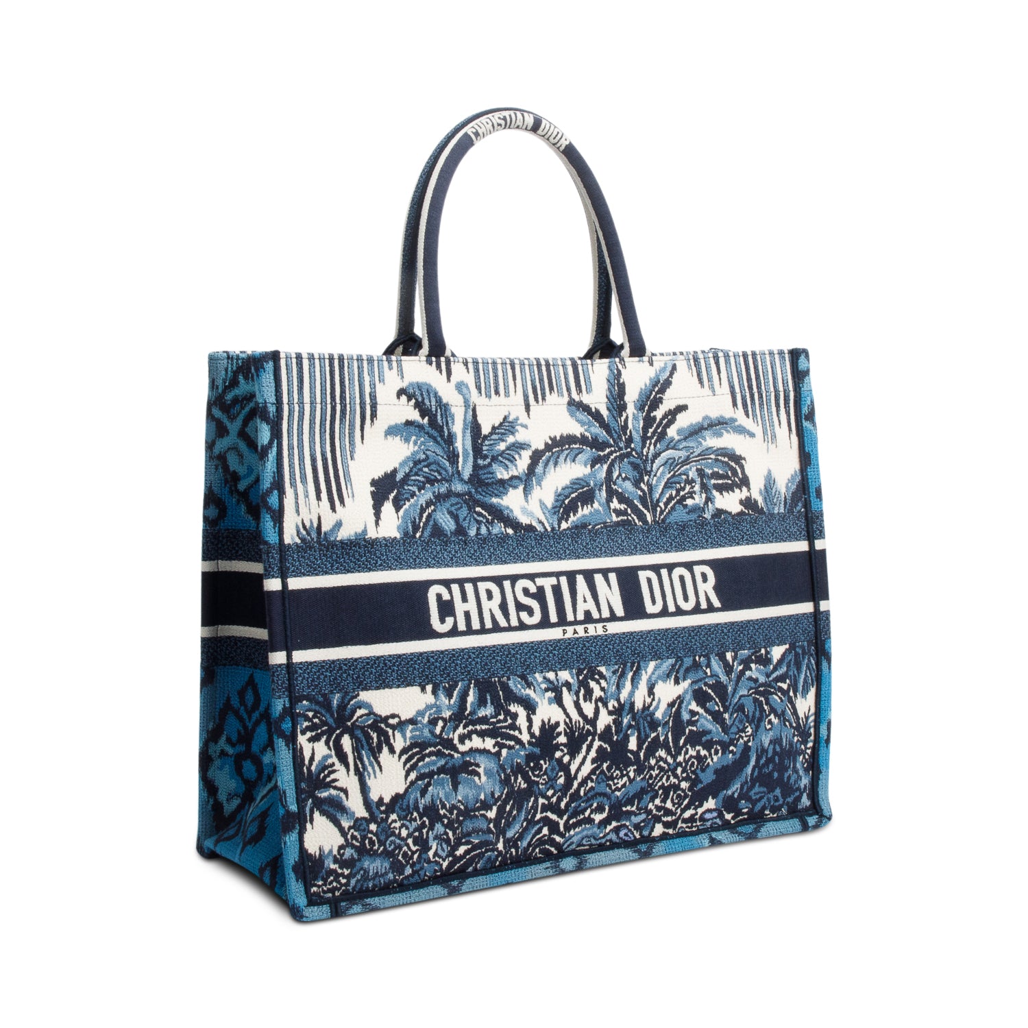 Christian Dior 2020 Blue Multicolor Toile De Jouy Palm Tree Embroidery Large Book Tote
