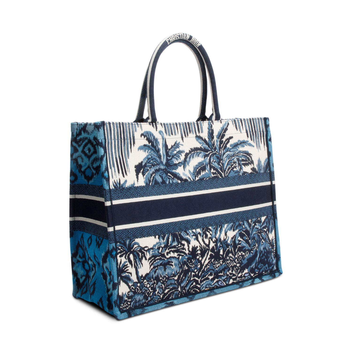 Christian Dior 2020 Blue Multicolor Toile De Jouy Palm Tree Embroidery Large Book Tote