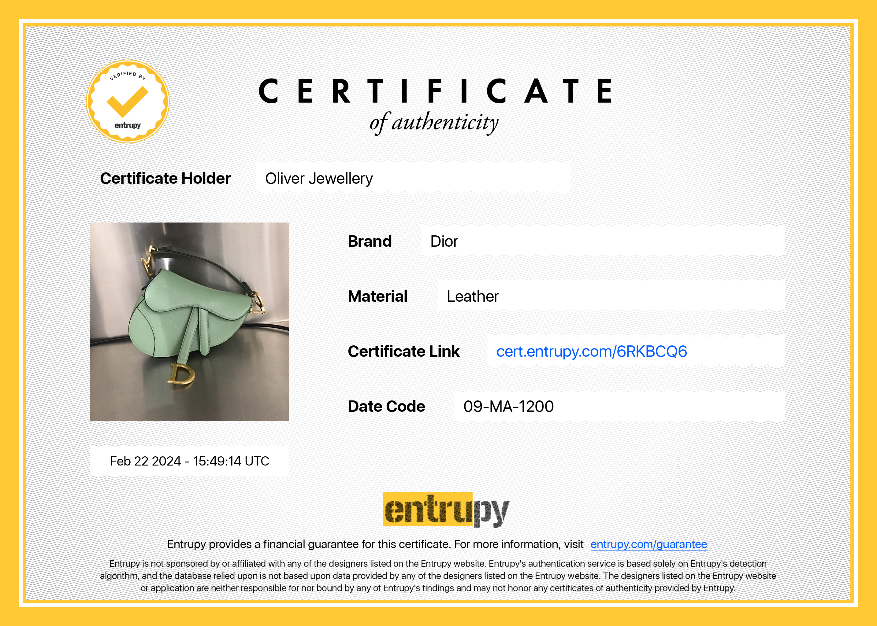 Christian Dior 2020 Green Calfskin Leather Mini Saddle Bag w/ Authenticity Card & Box