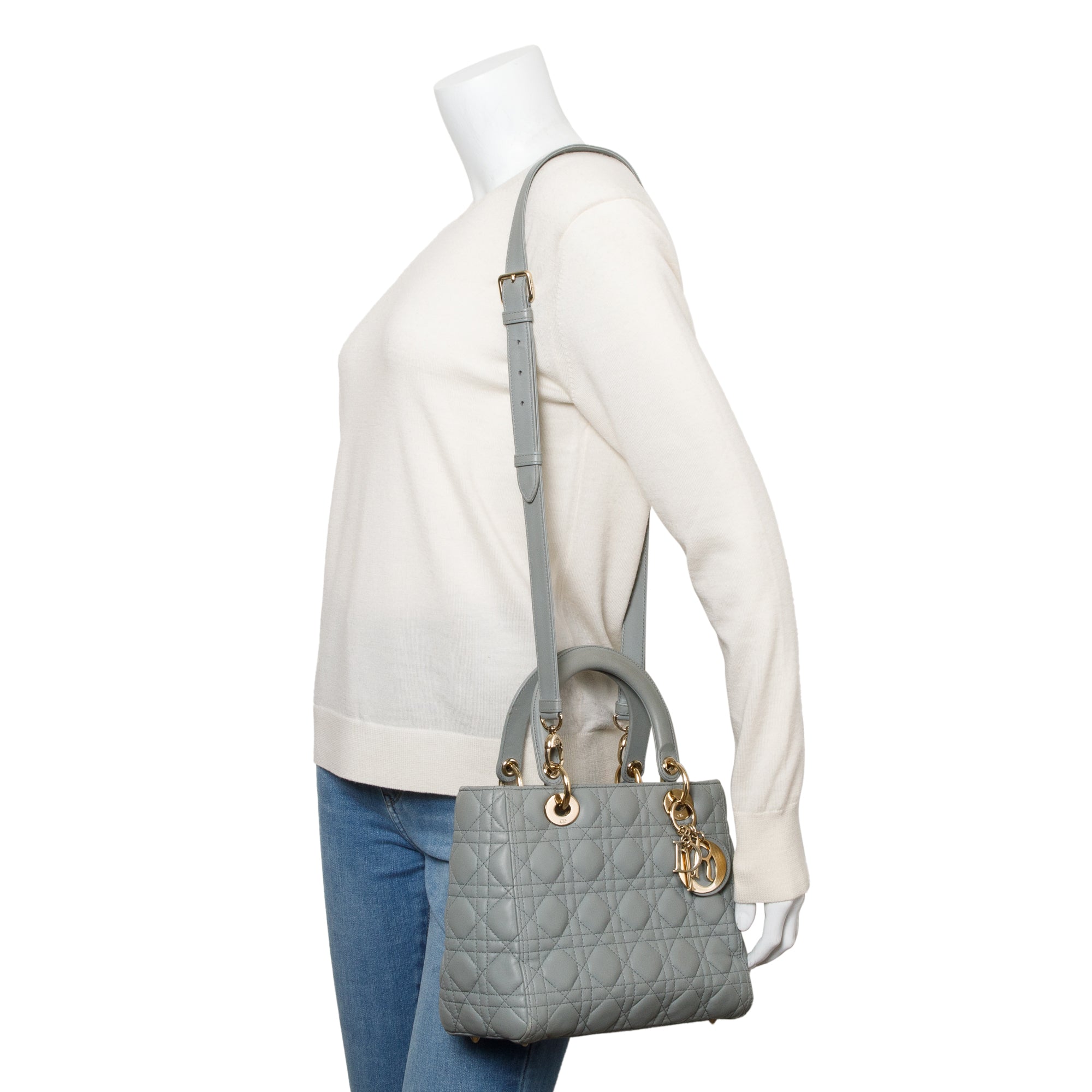 Christian Dior 2020 Grey Cannage Lambskin Leather Medium Lady Dior Bag w/ Strap