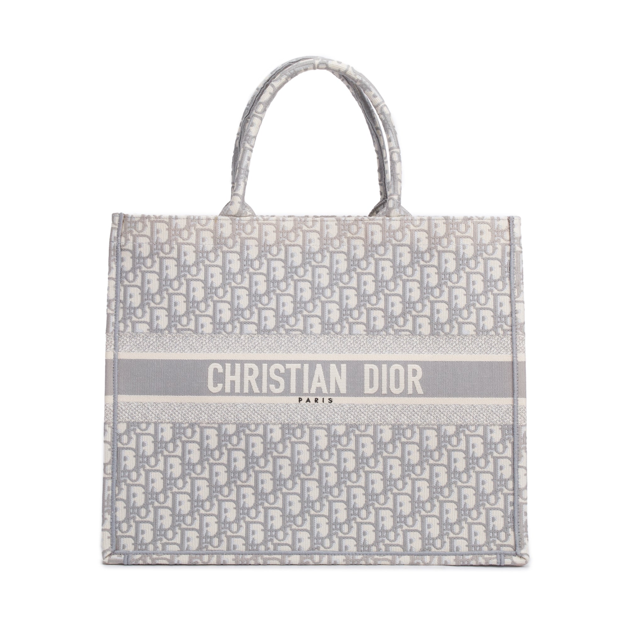 Christian Dior 2020 Grey & Neutral Dior Oblique Embroidery Large Book Tote w/ Box