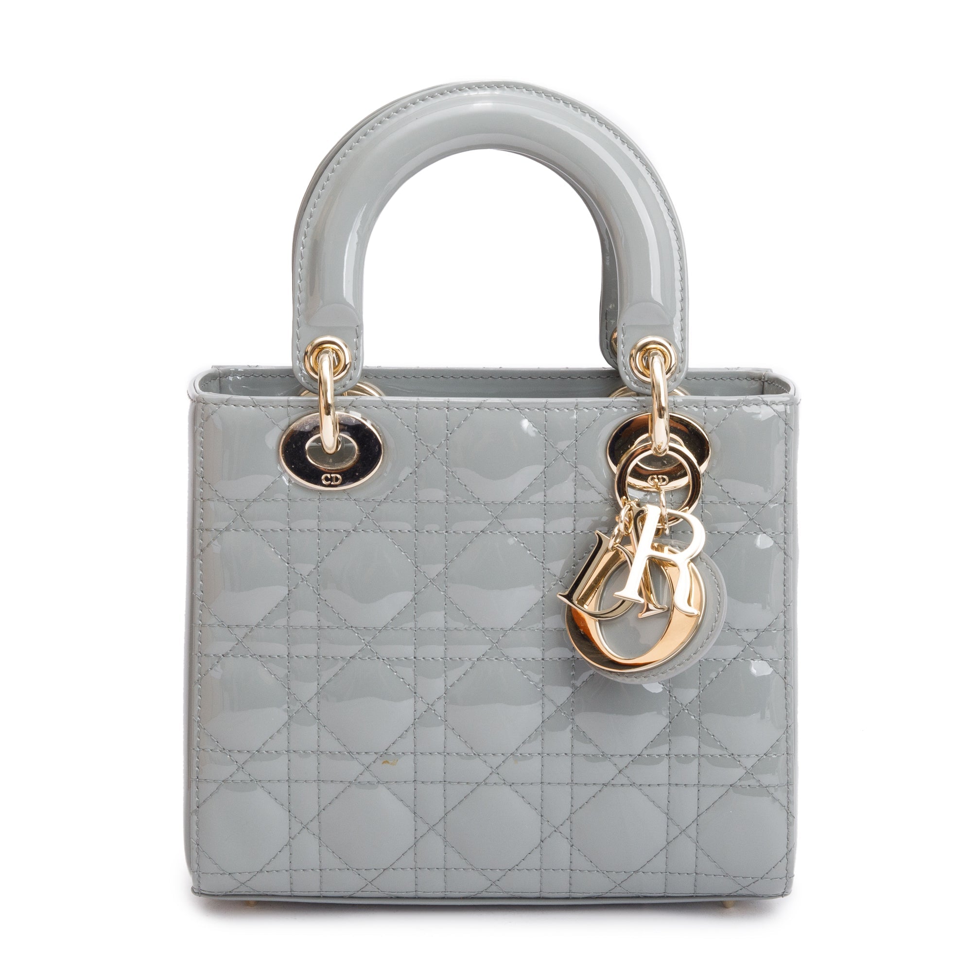 Christian Dior 2020 Grey Patent Cannage Leather Small Lady Dior Bag w/ Box & Authenticity Card