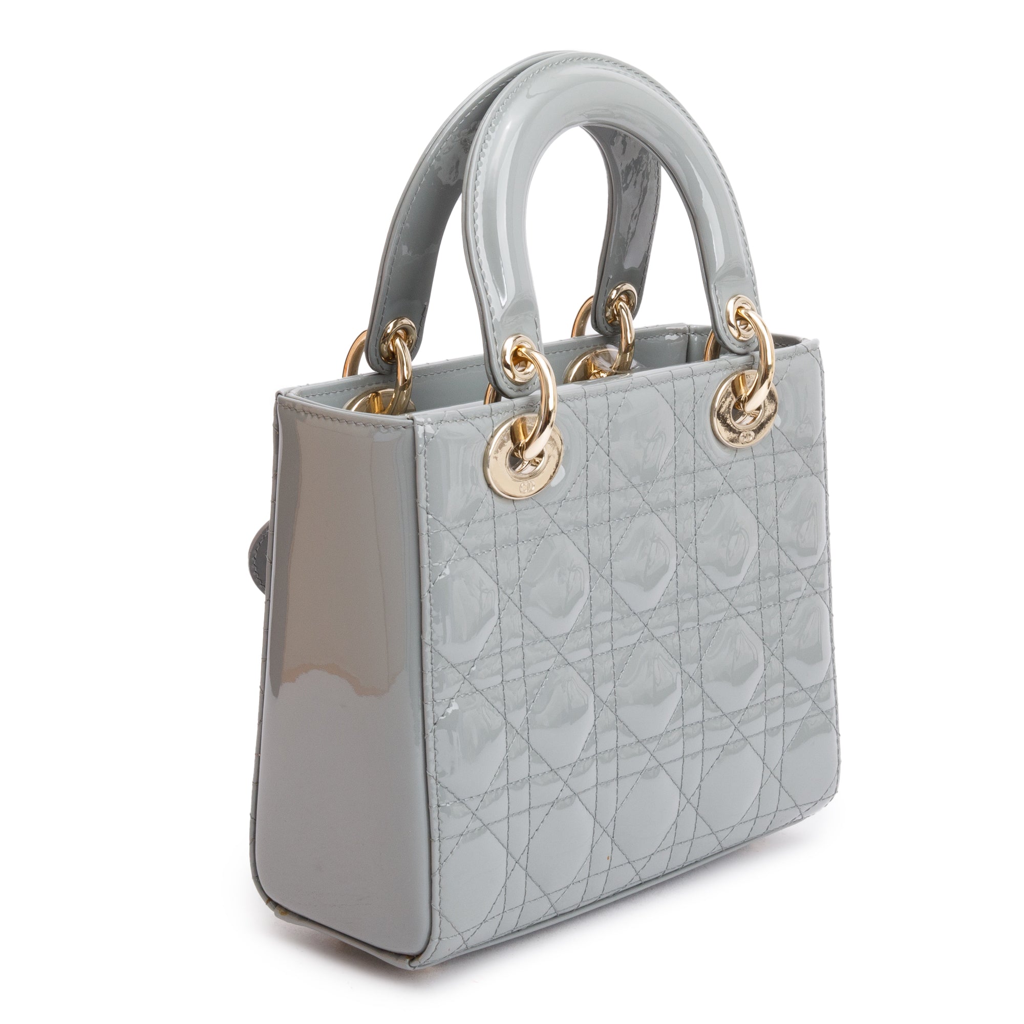 Christian Dior 2020 Grey Patent Cannage Leather Small Lady Dior Bag w/ Box & Authenticity Card