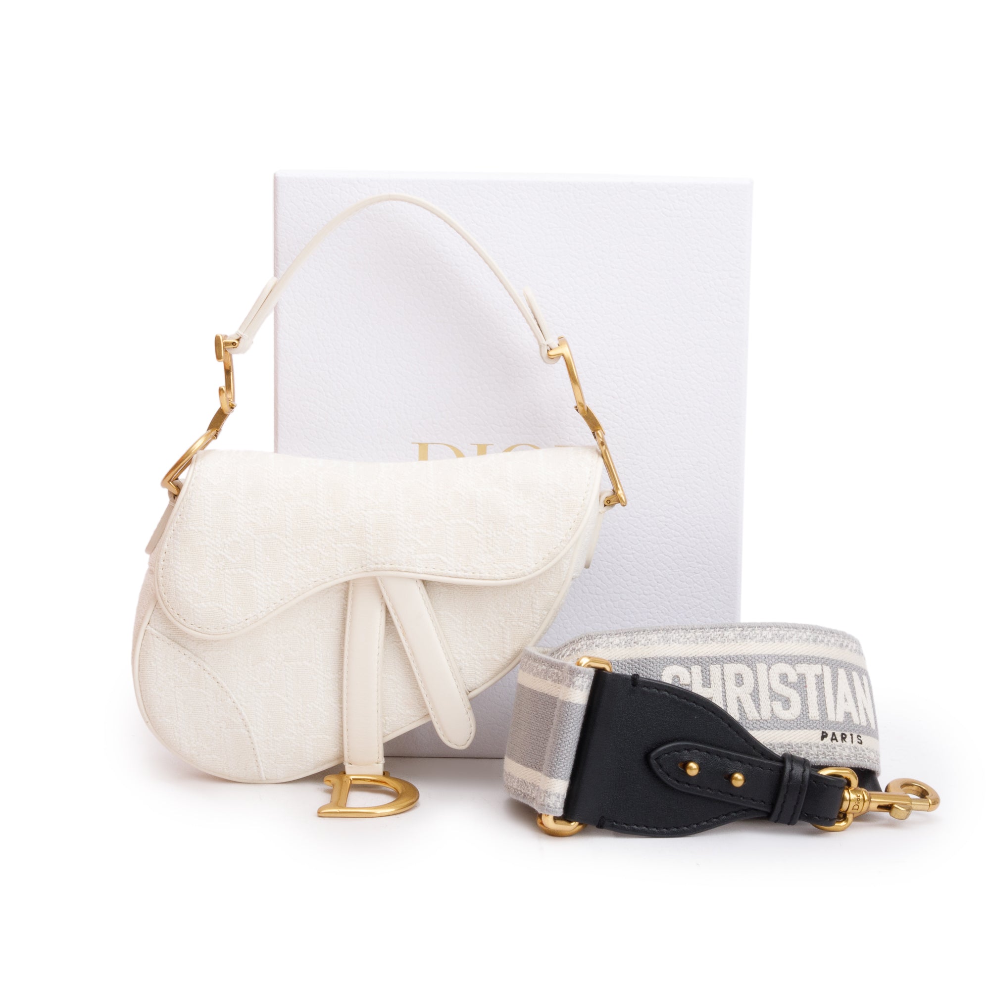 Christian Dior 2020 White Oblique Mini Saddle Bag w/ Shoulder Strap, Box & Certificate