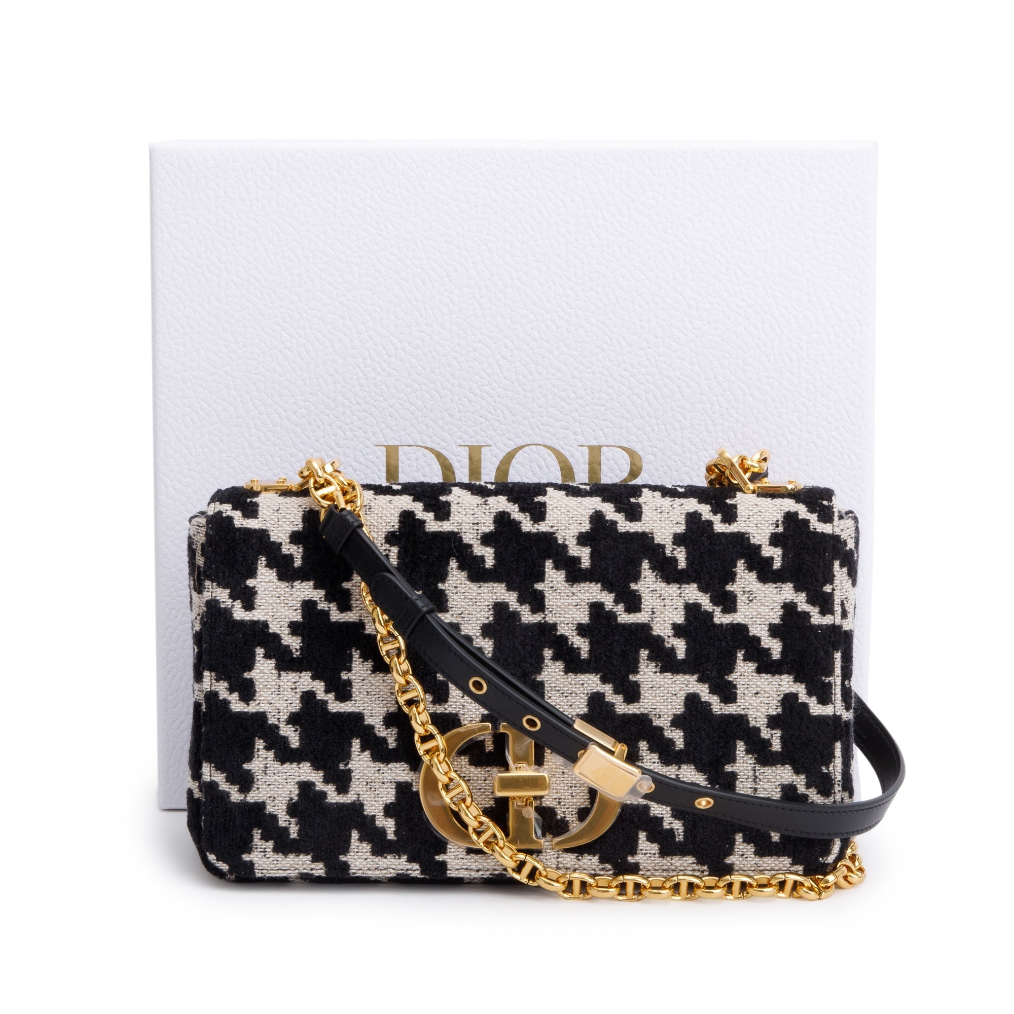 Christian Dior 2021 Black/White Technical Canvas Macro Houndstooth Medium Dior Caro Bag w/ Box & Authenticity Card