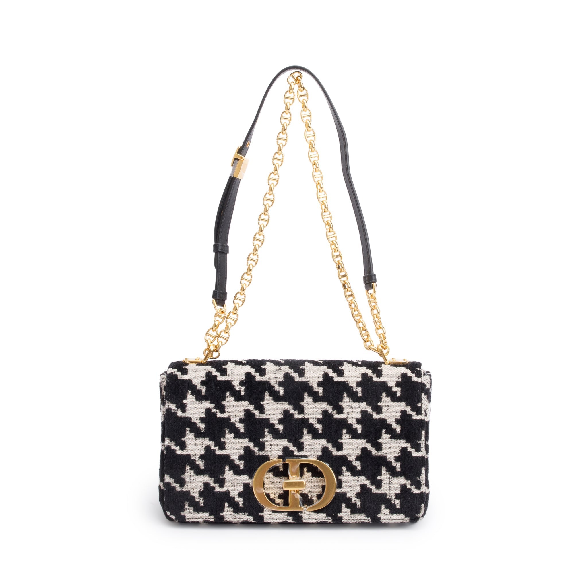 Christian Dior 2021 Black/White Technical Canvas Macro Houndstooth Medium Dior Caro Bag w/ Box & Authenticity Card