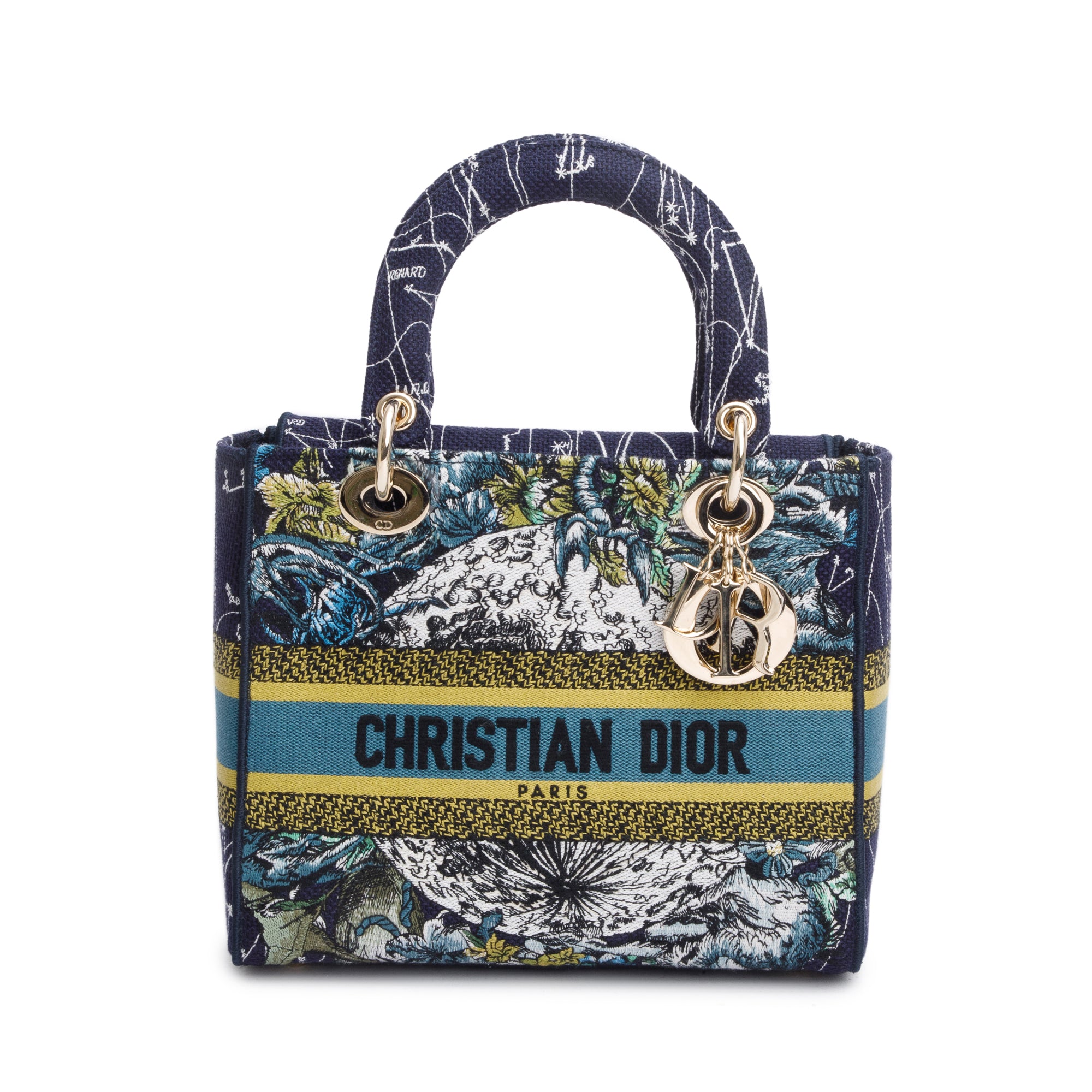 Christian Dior 2021 Blue Multicolor Zodiac Embroidery Medium Lady D-Lite Bag w/ Strap