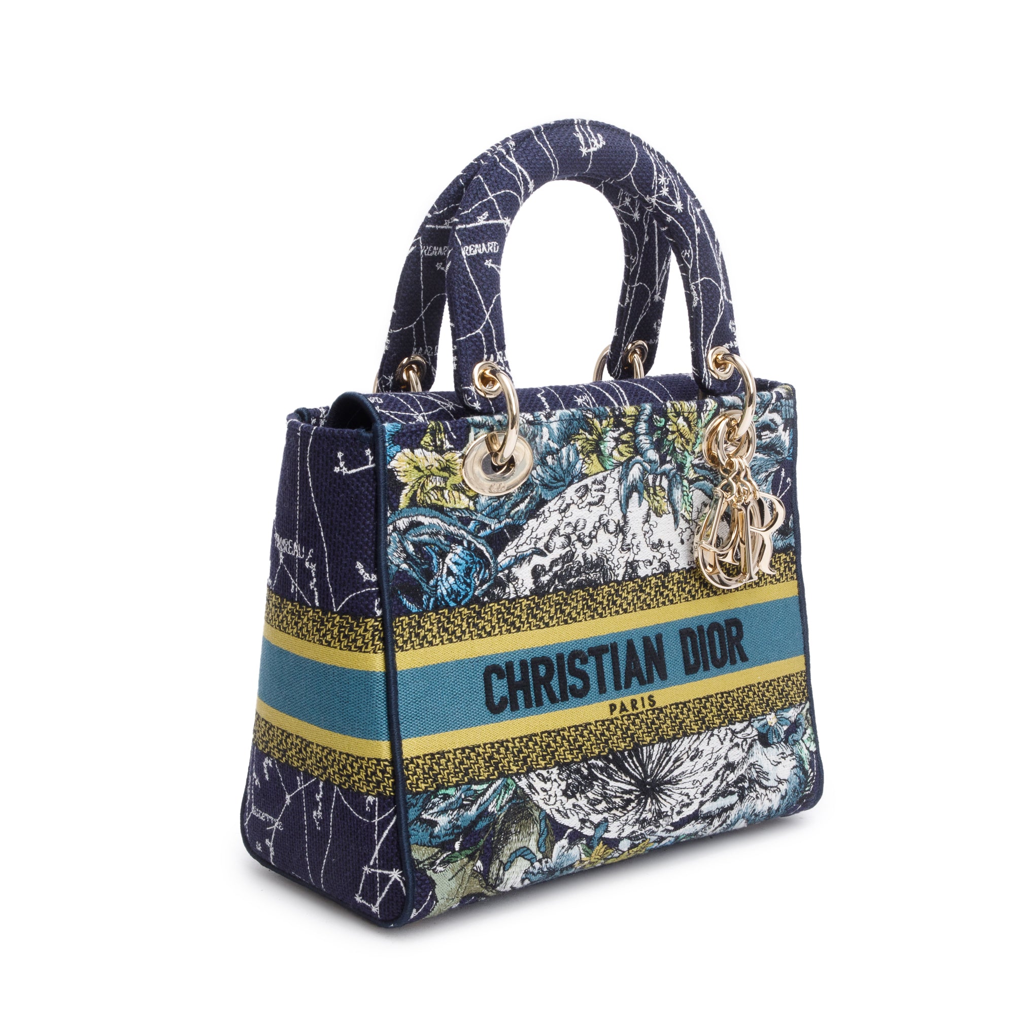 Christian Dior 2021 Blue Multicolor Zodiac Embroidery Medium Lady D-Lite Bag w/ Strap