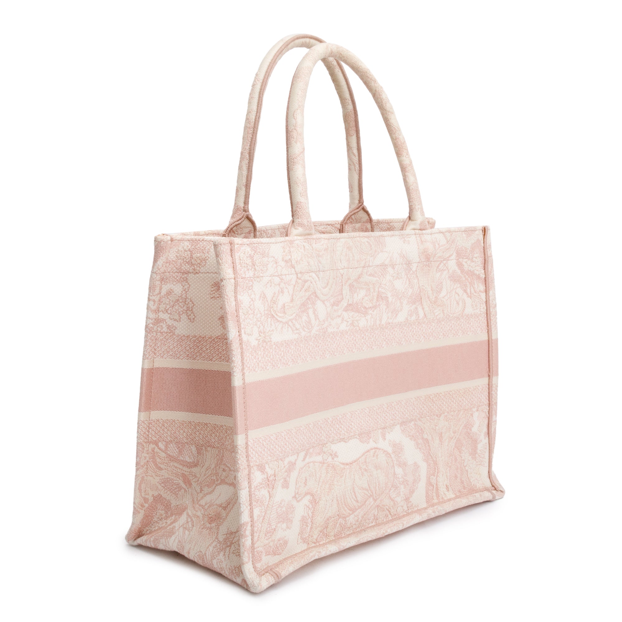 Christian Dior 2021 Ecru and Pink Toile De Jouy Embroidery Medium Book Tote w/ Authenticity Card