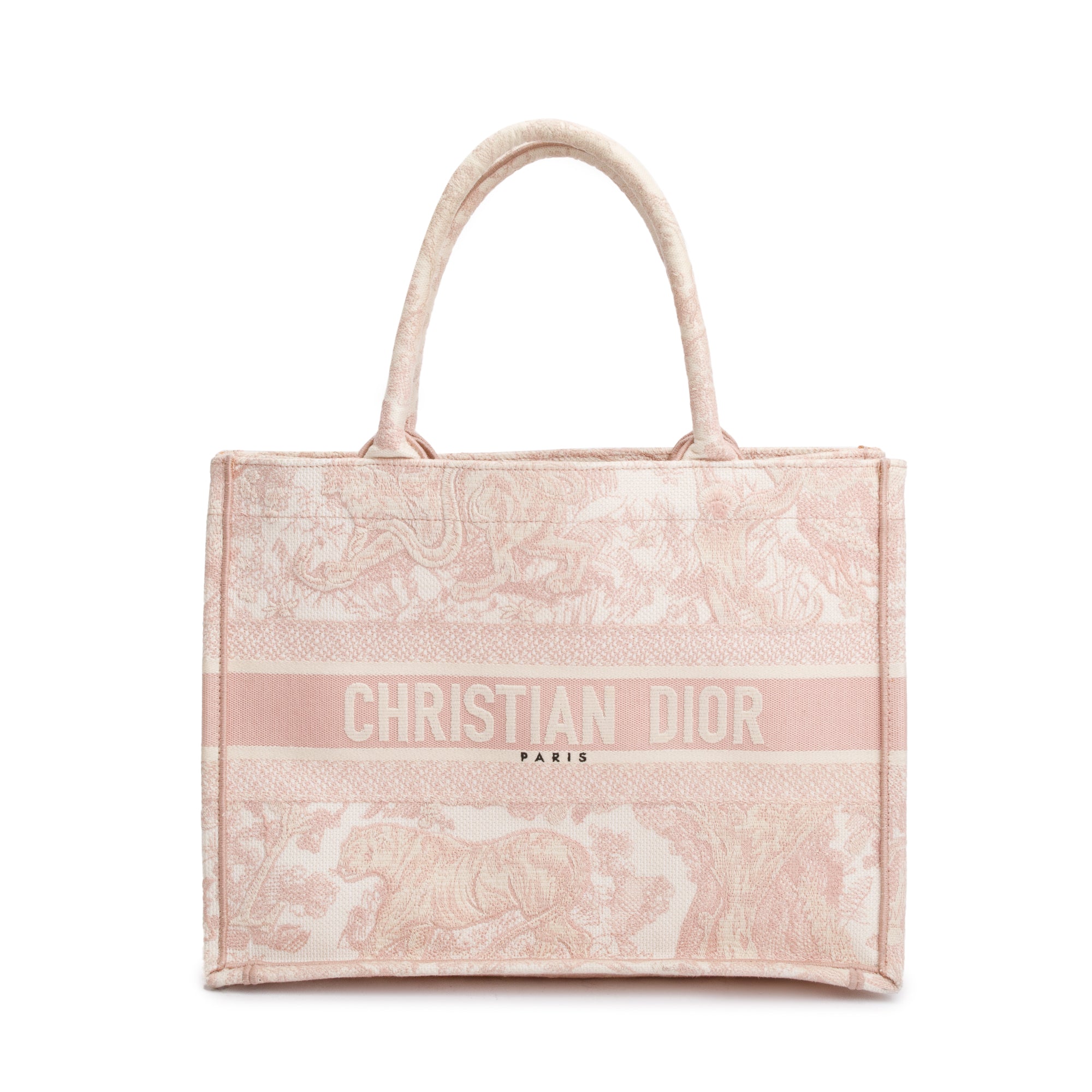 Christian Dior 2021 Ecru and Pink Toile De Jouy Embroidery Medium Book Tote w/ Authenticity Card