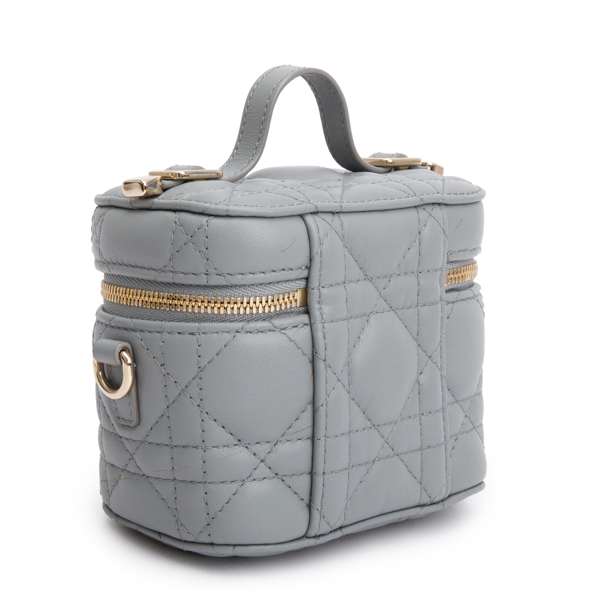 Christian Dior 2021 Grey Cannage Leather Micro Lady Dior Vanity Case w/ Strap