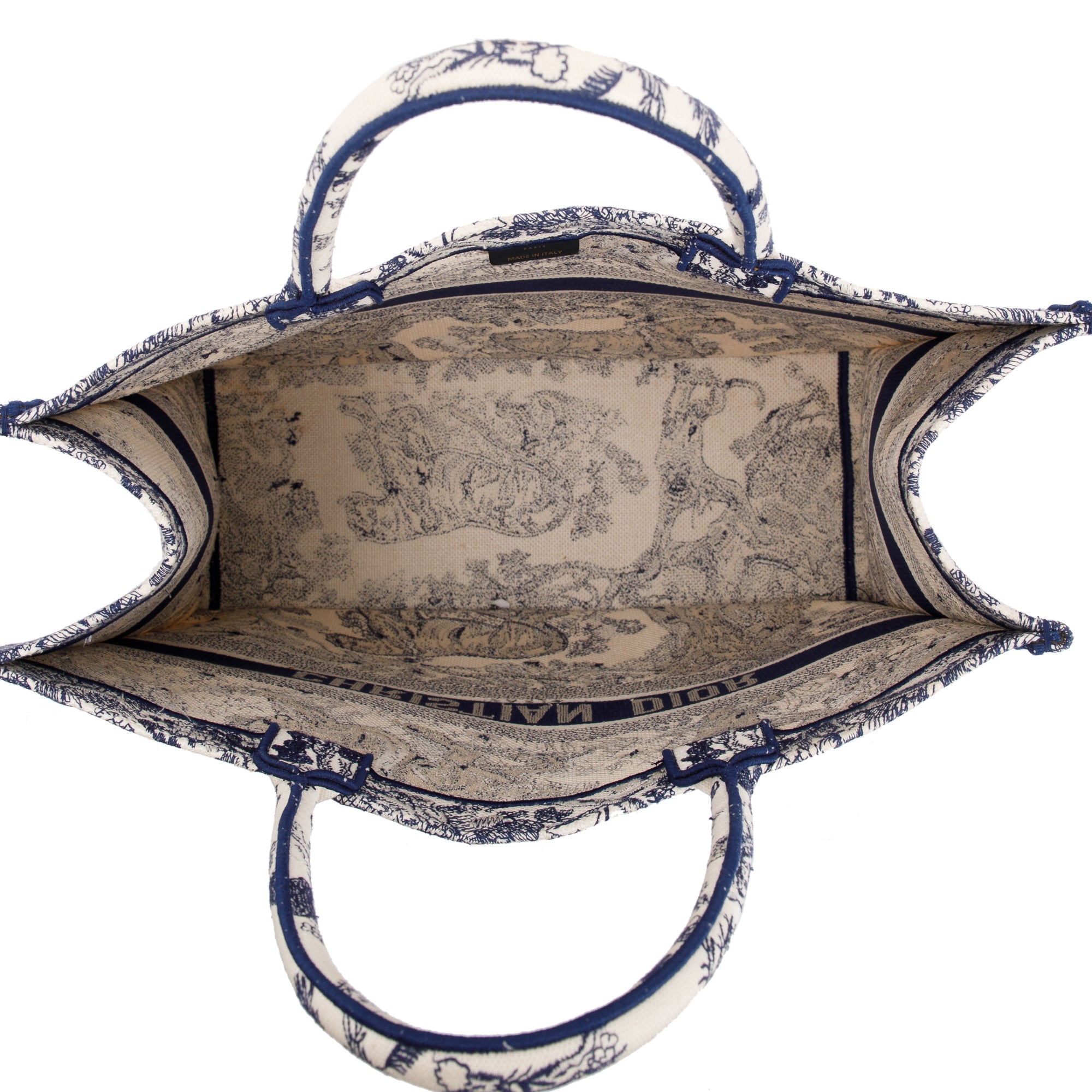 Christian Dior 2021 Large Ecru and Blue Toile de Jouy Embroidery Canvas Book Tote