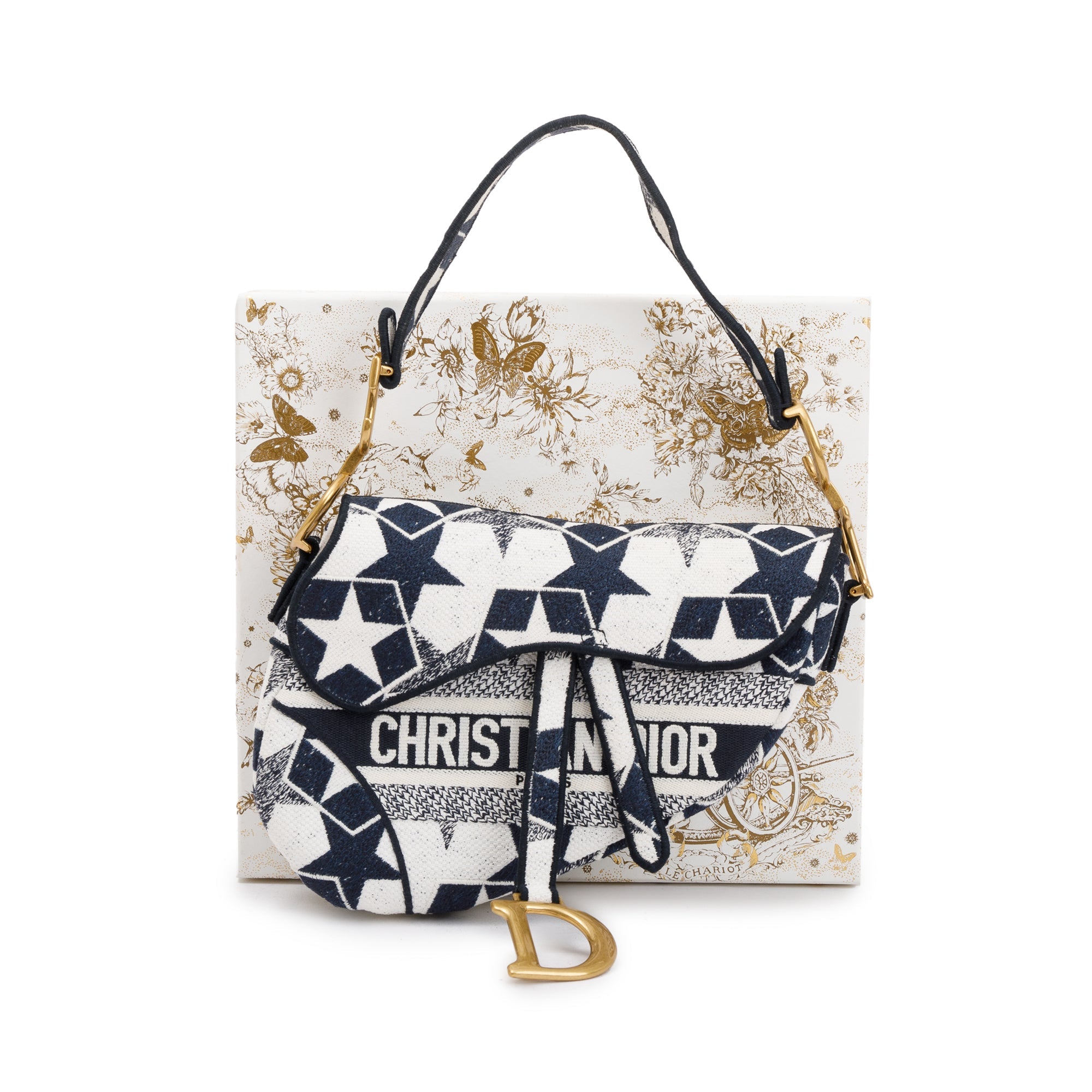 Christian Dior 2021 Navy & White Stars Embroidered Medium Saddle Bag w/ Box, Receipt & Authenticity Card