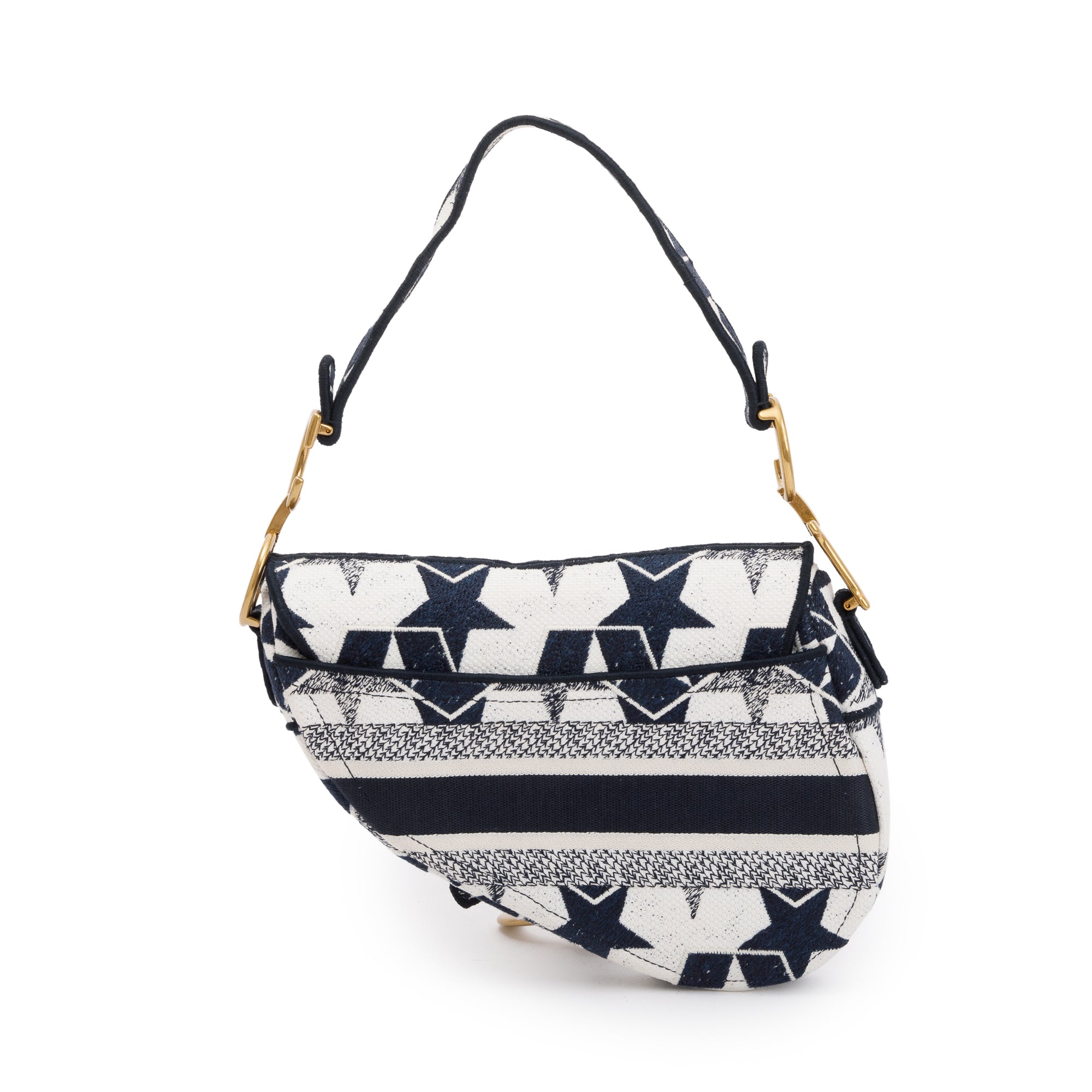 Christian Dior 2021 Navy & White Stars Embroidered Medium Saddle Bag w/ Box, Receipt & Authenticity Card