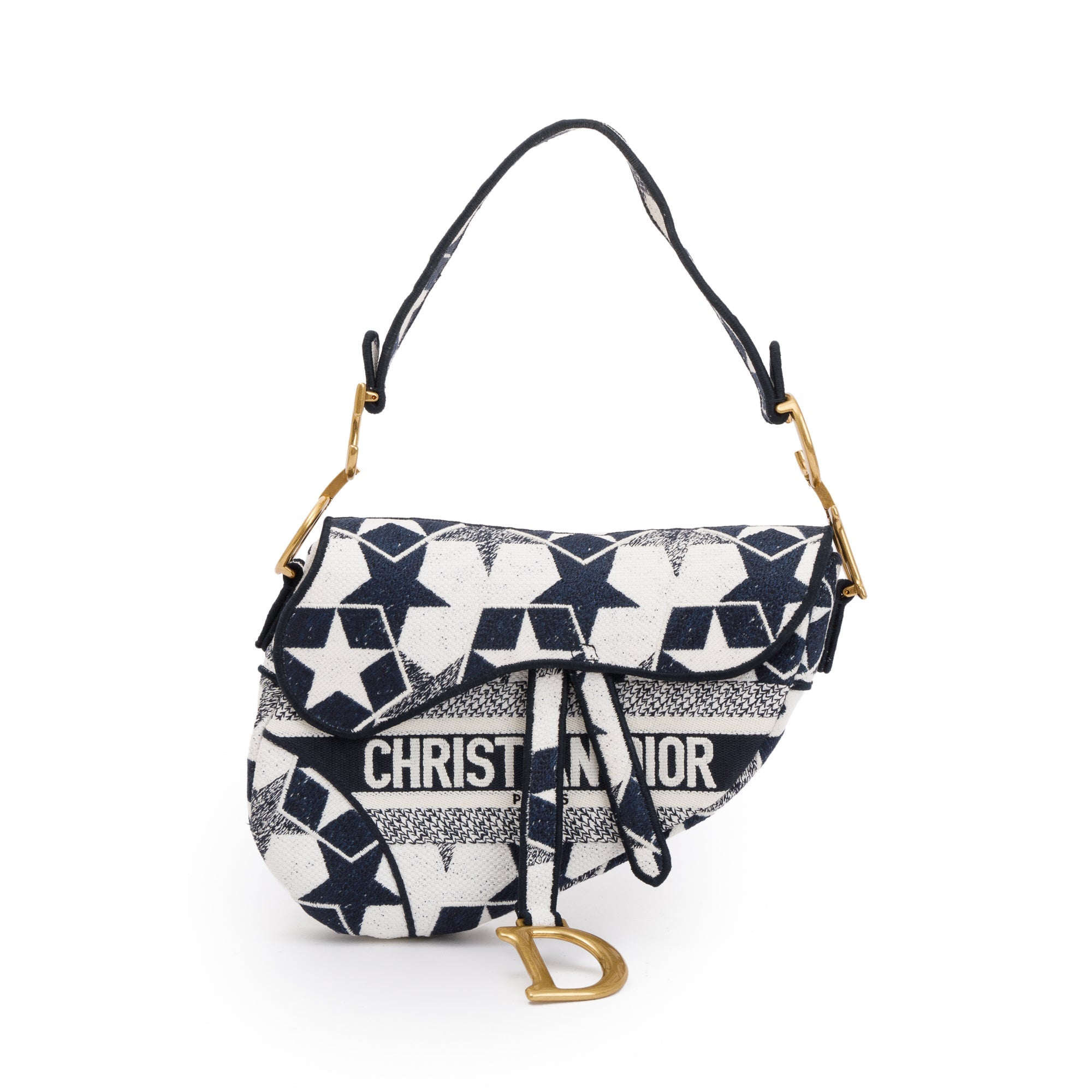 Christian Dior 2021 Navy & White Stars Embroidered Medium Saddle Bag w/ Box, Receipt & Authenticity Card