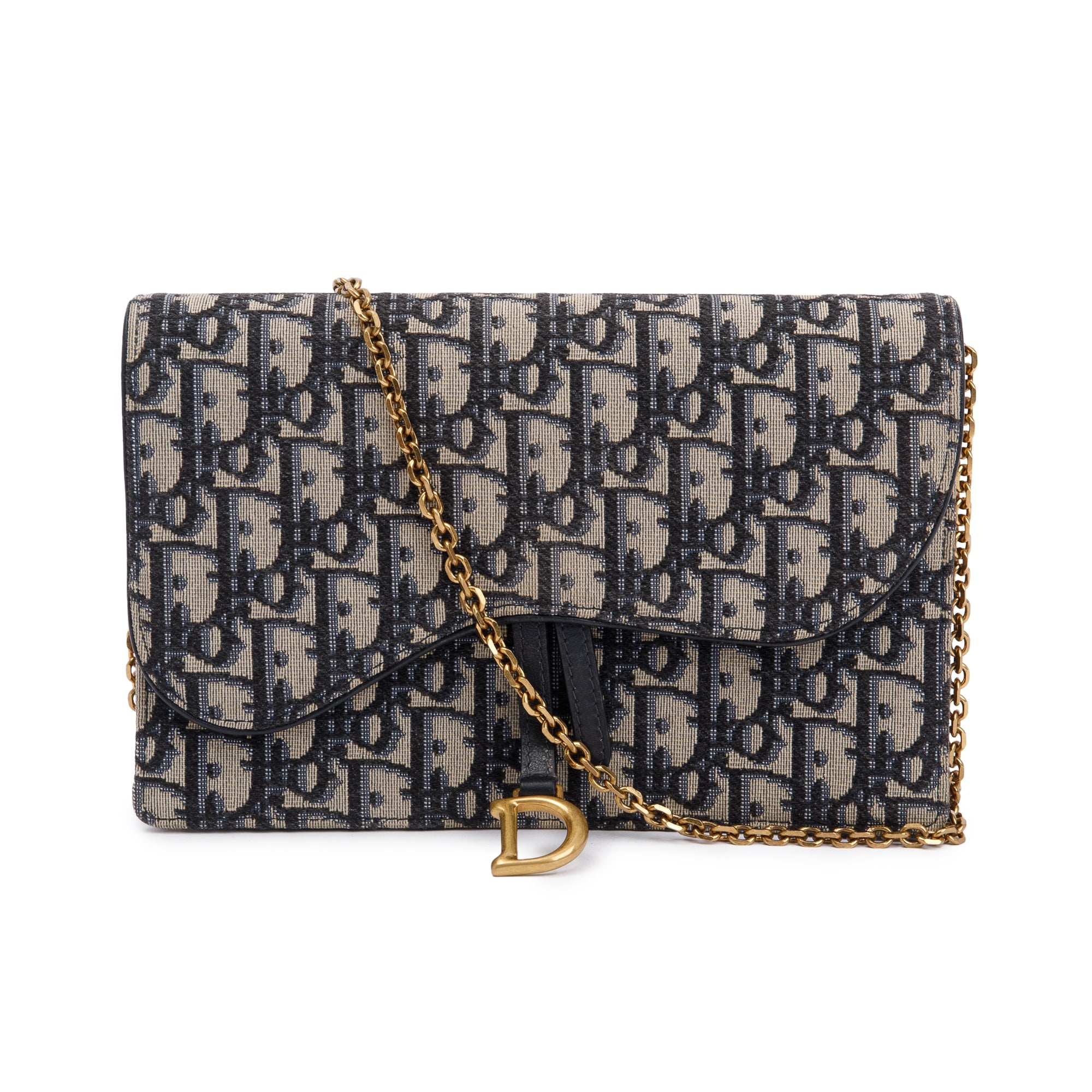Christian Dior 2021 Oblique Jacquard Saddle Pouch with Chain w/ Box
