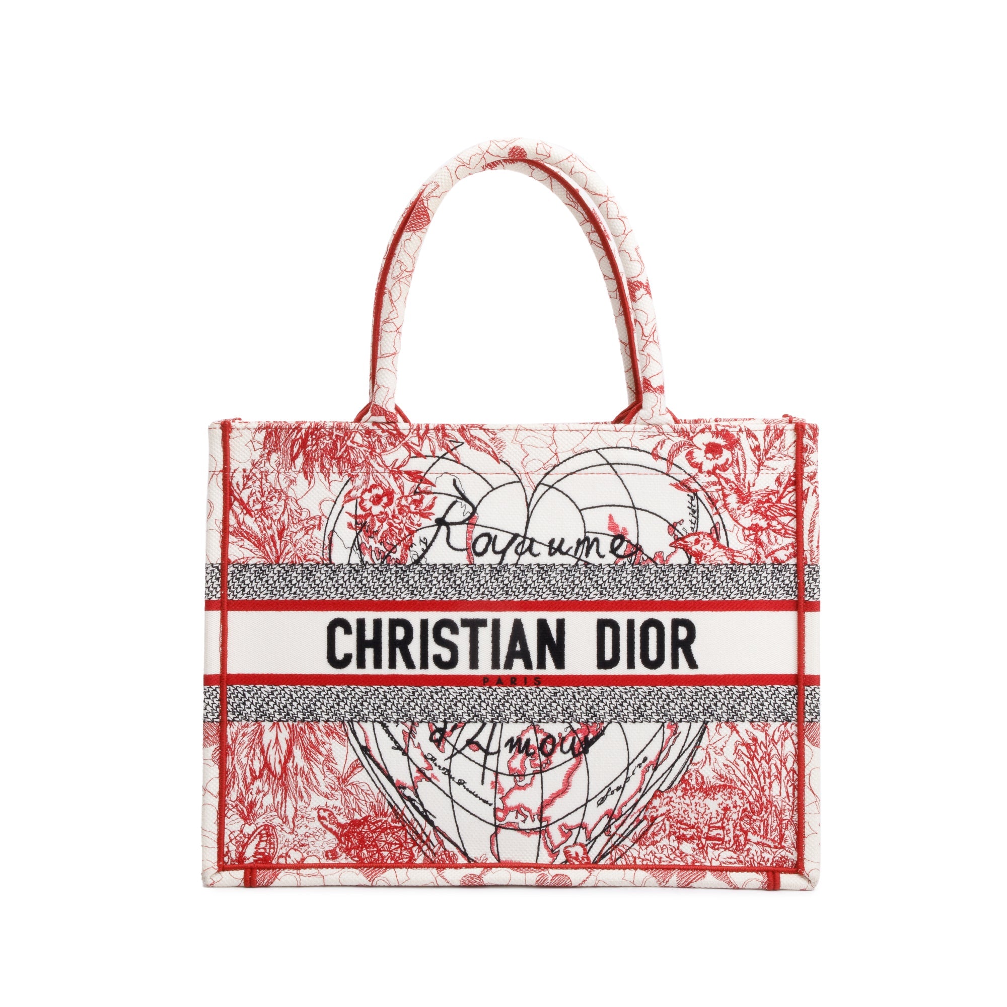 Christian Dior 2021 Red & White Royaume d'Amour Embroidery Medium Book Tote w/ Authenticity Card