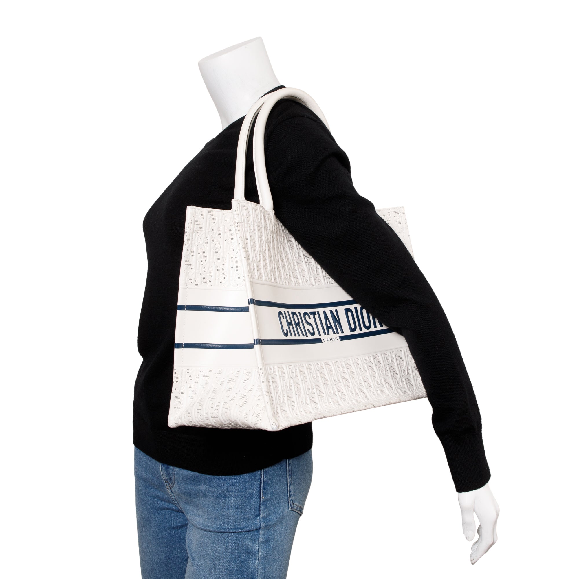 Christian Dior 2021 White Oblique Embossed Leather Medium Book Tote