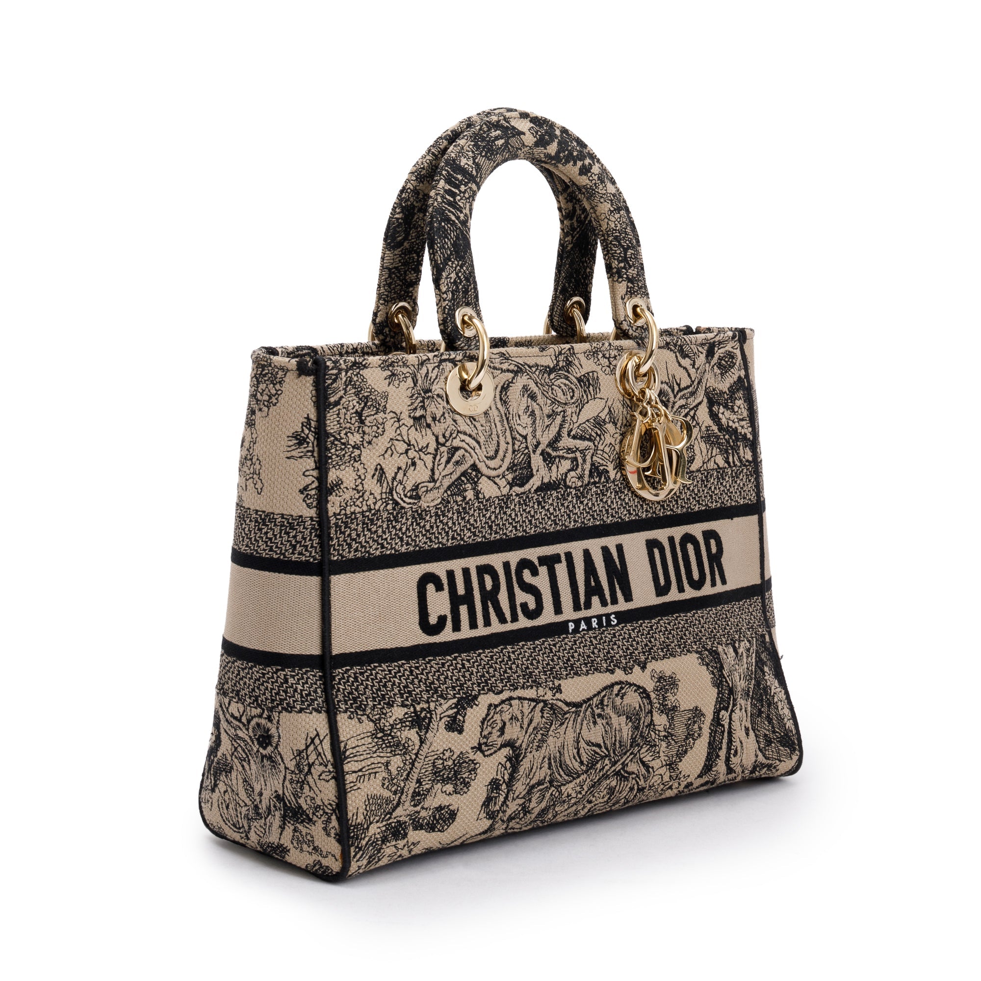 Christian Dior 2022 Beige & Black Toile De Jouy Soleil Embroidery Medium Lady D-Lite Bag w/ Strap & Box
