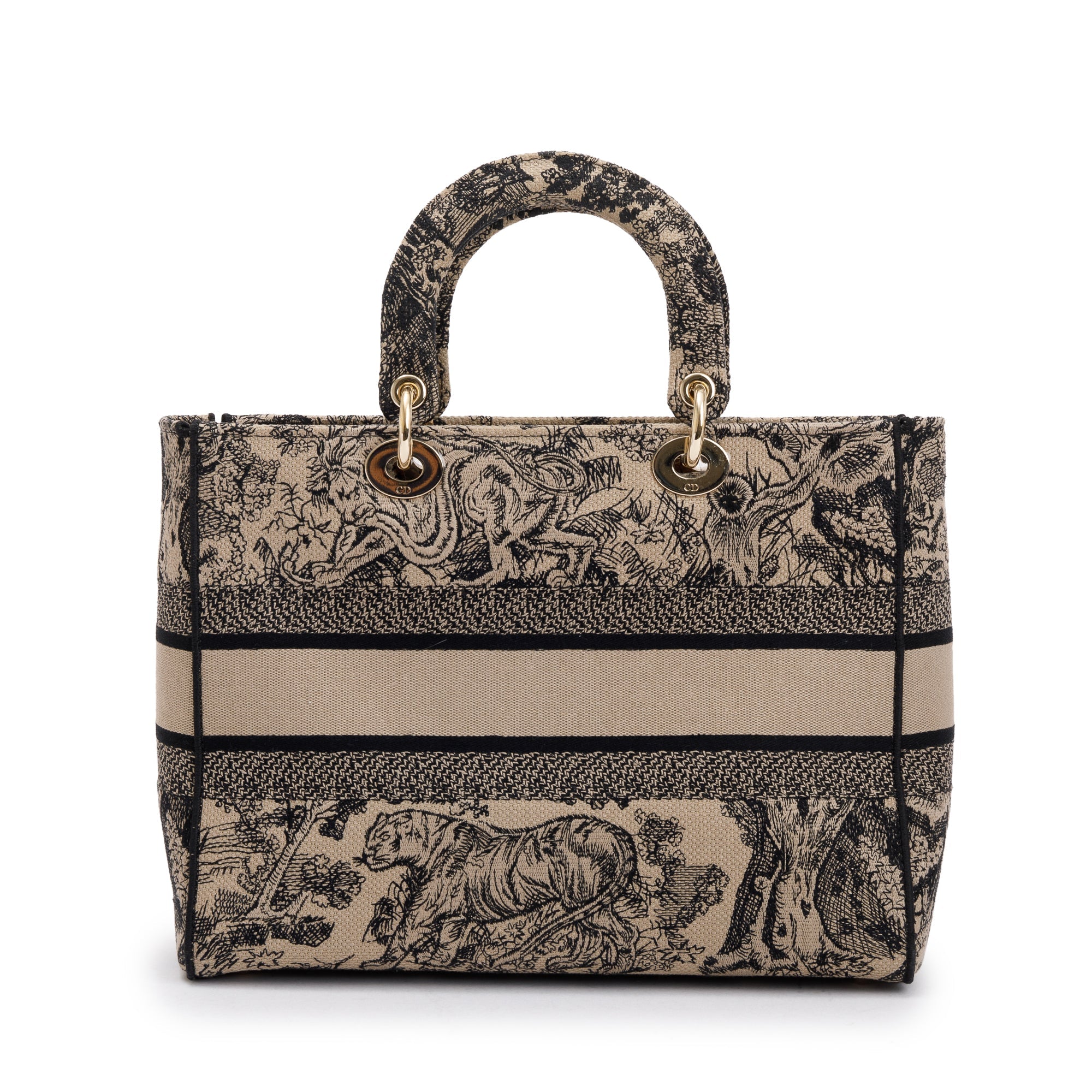 Christian Dior 2022 Beige & Black Toile De Jouy Soleil Embroidery Medium Lady D-Lite Bag w/ Strap & Box