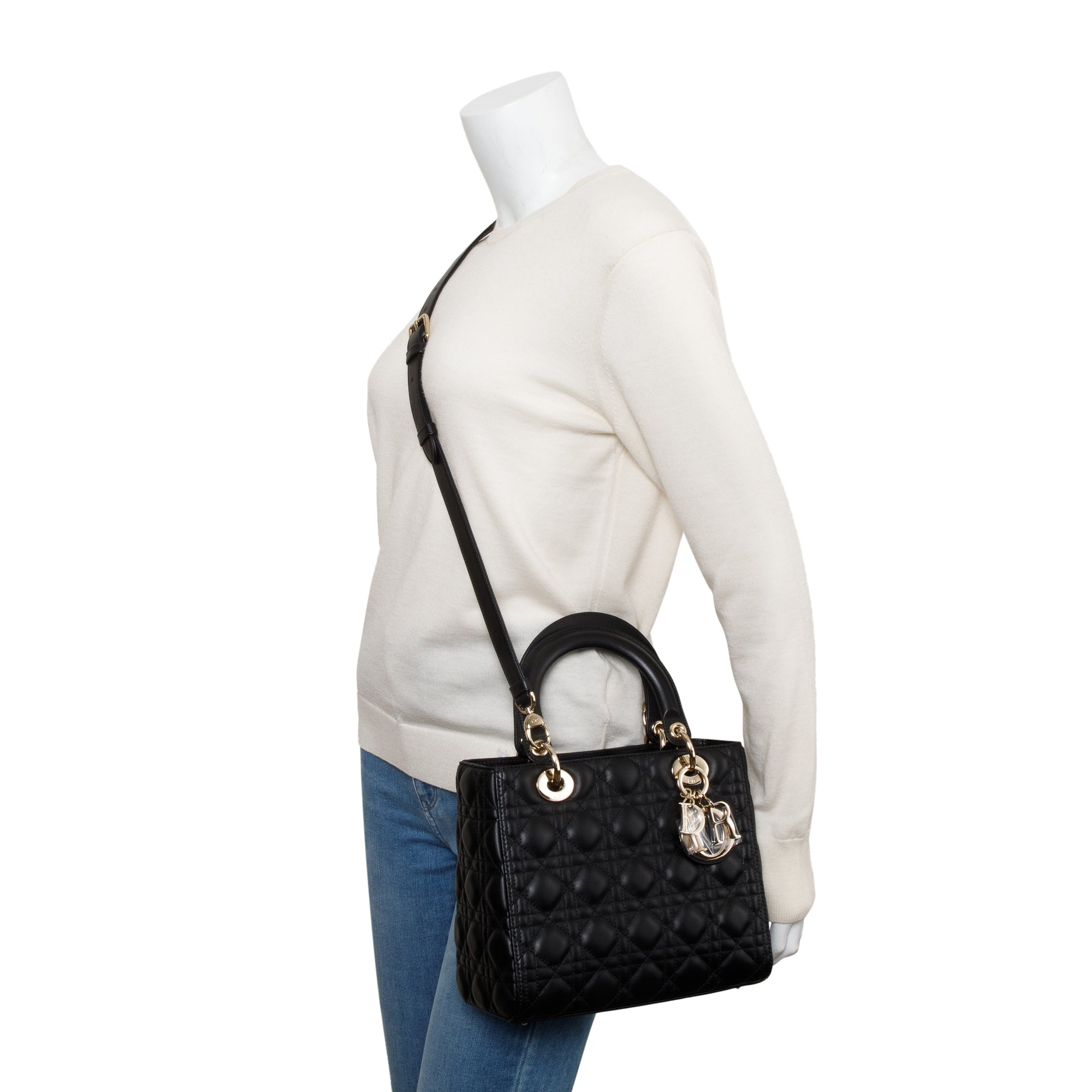 Christian Dior 2022 Black Cannage Lambskin Leather Medium Lady Dior Bag w/ Strap