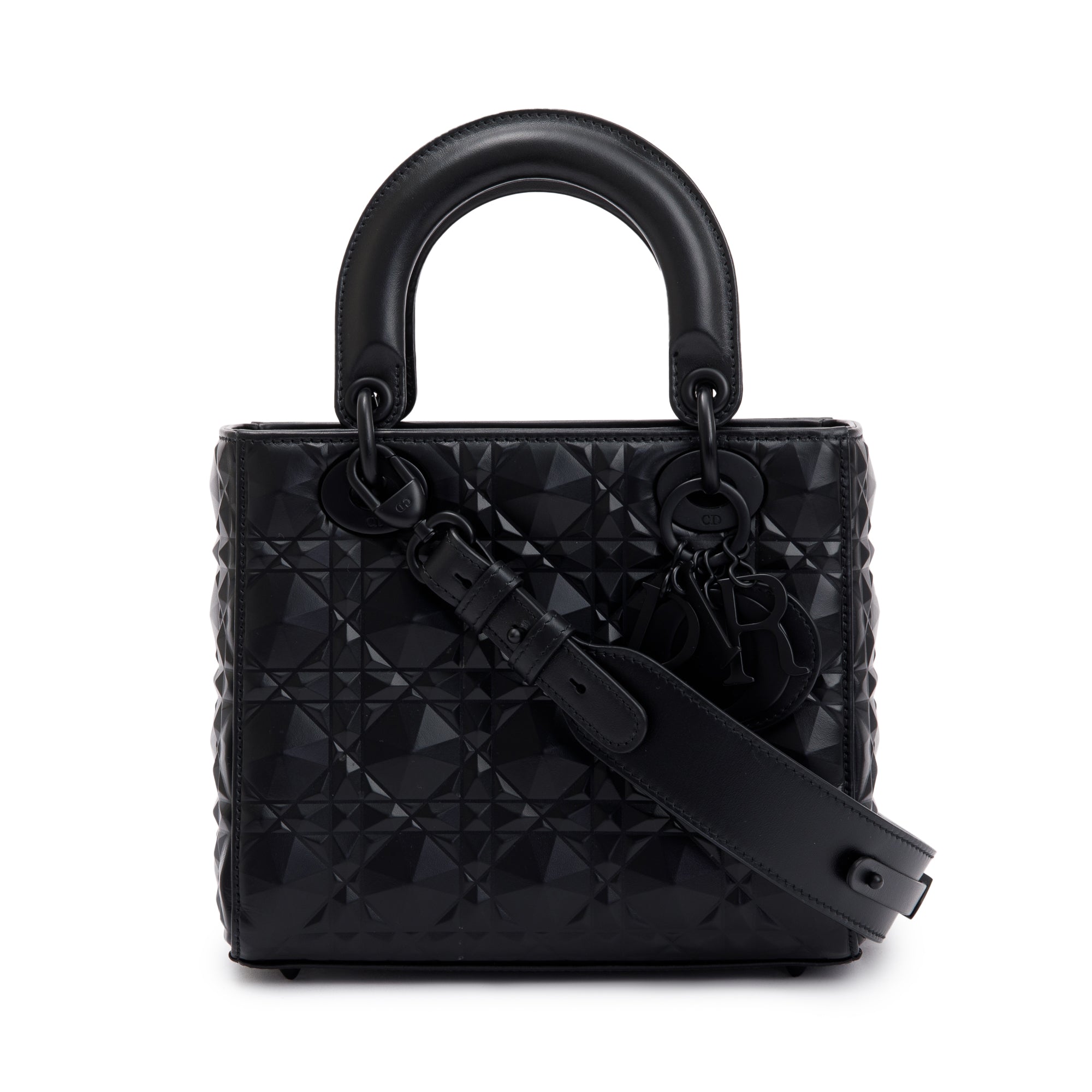 Christian Dior 2022 Black Diamond Motif Cannage Leather Small Lady Dior My Abcdior Bag w/ Strap & Authenticity Card