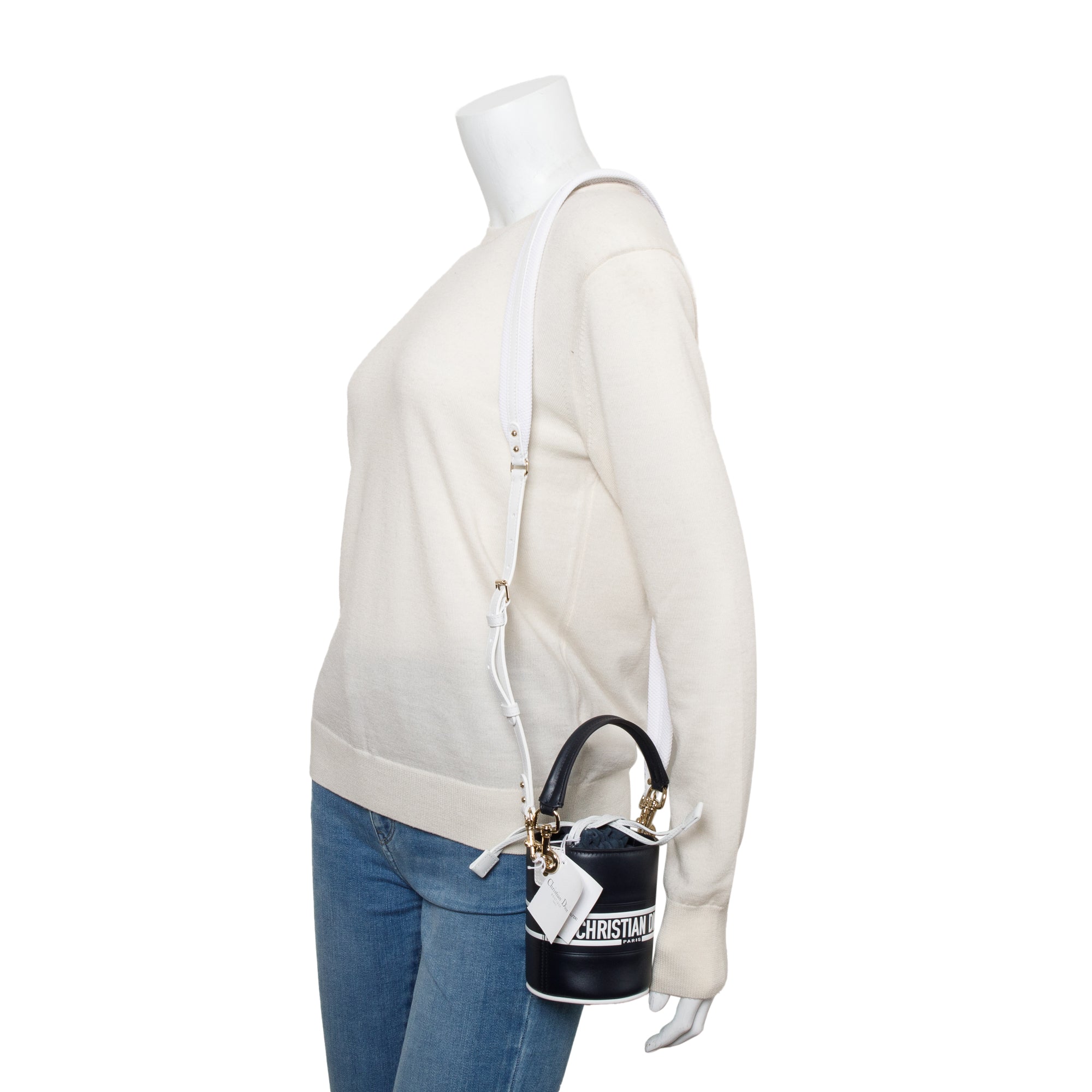 Christian Dior 2022 Black Lambskin Leather Micro Vibe Drawstring Bucket Bag w/ Straps & Authenticity Card