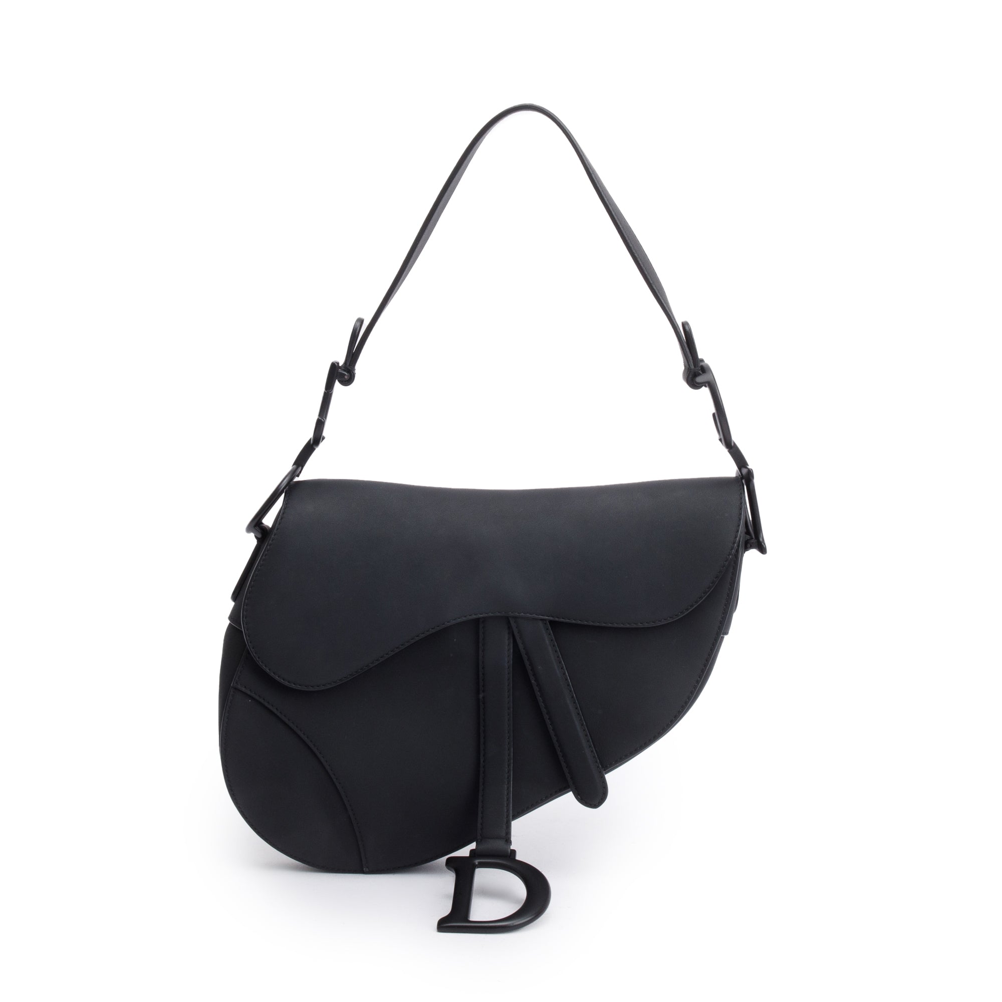 Christian Dior 2022 Black Ultramatte Calfskin Leather Medium Saddle Bag w/ Strap